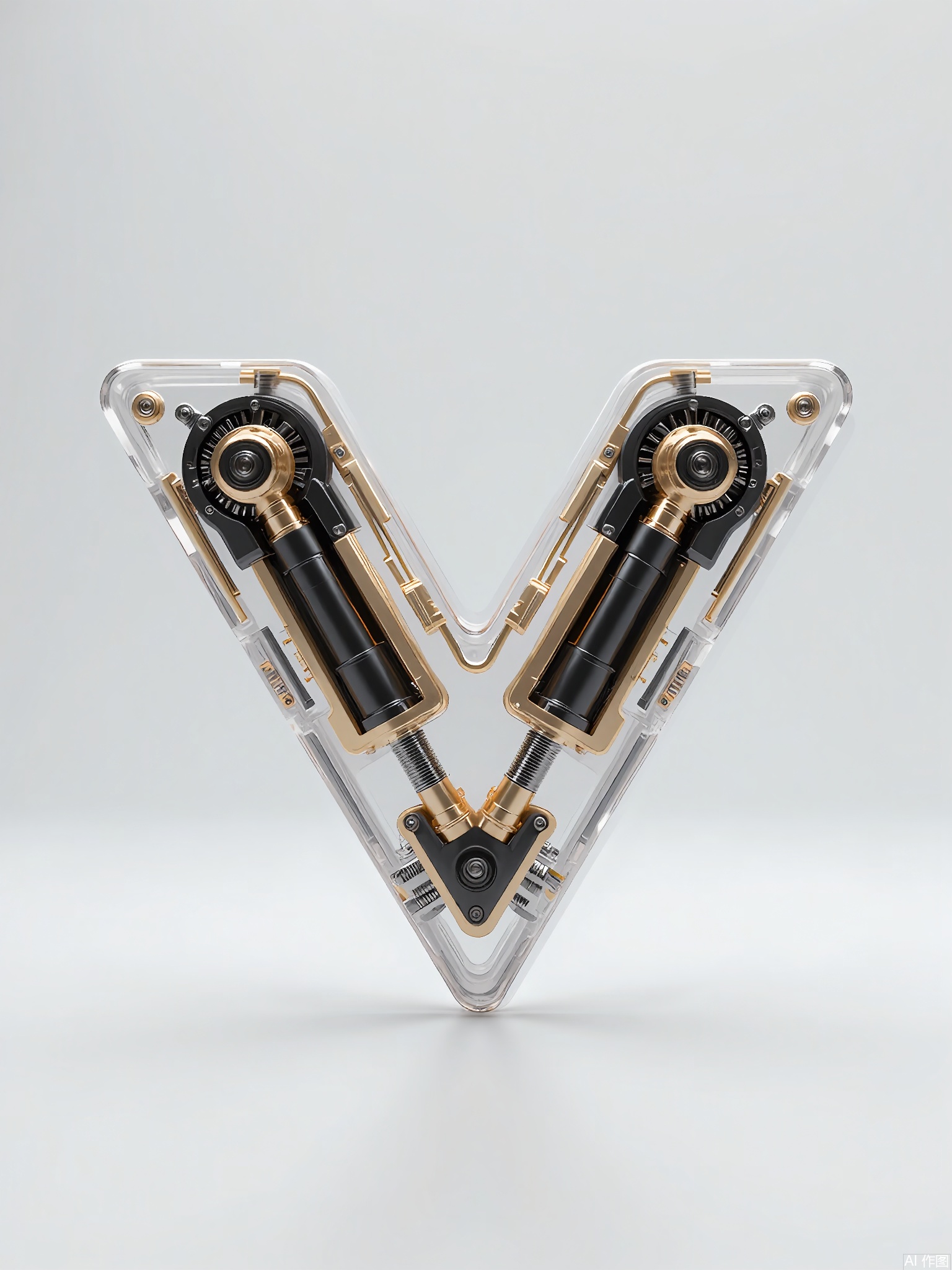 JXZT, A highly detailed, futuristic, and abstract sculpture made from transparent and metallic materials, forming the letter "V". The sculpture has a sharp, angular design, with the two sides of the "V" made from transparent and metallic materials respectively. It features small mechanical components that seem to be holding the two sides together, creating a sense of balance and symmetry. The plain grey background allows the sculpture's clean lines and bold form to make a strong statement.
