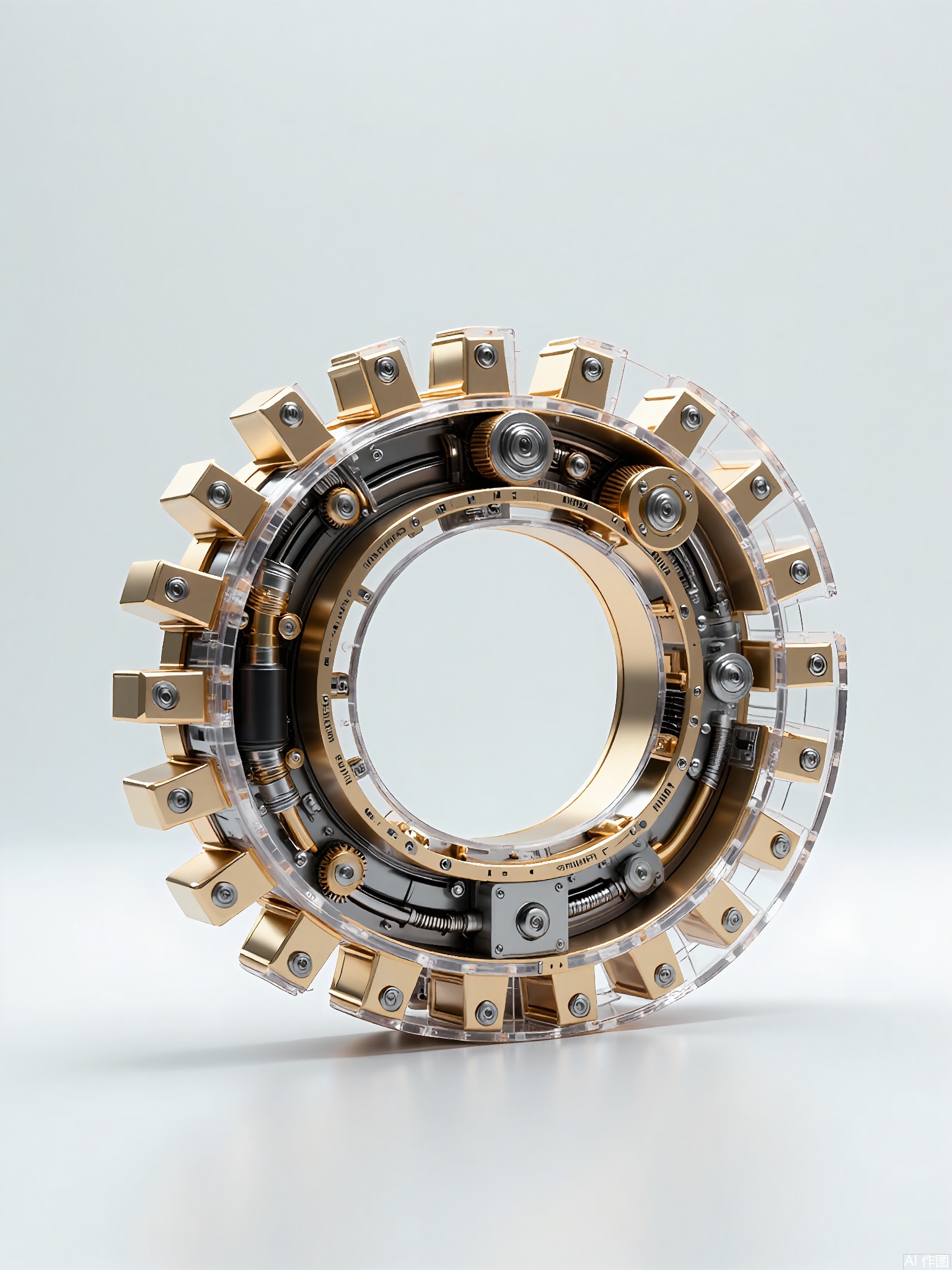 JXZT, A highly detailed, futuristic, and abstract sculpture made from transparent and metallic materials, taking the form of a gear. The gear has a large, imposing size, with multiple teeth made from a combination of transparent and metallic materials. It features small mechanical components that seem to be in constant motion, creating a sense of energy and power. The plain grey background makes the gear-shaped sculpture appear as a symbol of industry and progress in a modern world.
