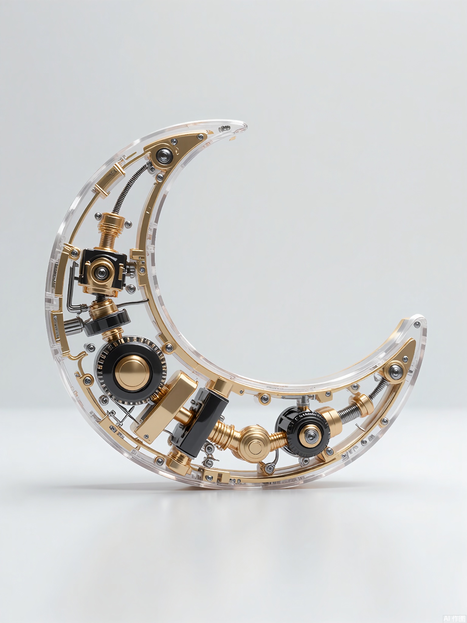 JXZT, A highly detailed, futuristic, and abstract sculpture made from transparent and metallic materials, shaped like a crescent moon. The crescent moon has a delicate, graceful form, with the transparent and metallic parts blending seamlessly together. It incorporates small mechanical components that seem to be moving in a slow, rhythmic dance, adding a sense of tranquility and serenity. The simple grey background enhances the sculpture's ethereal beauty.
