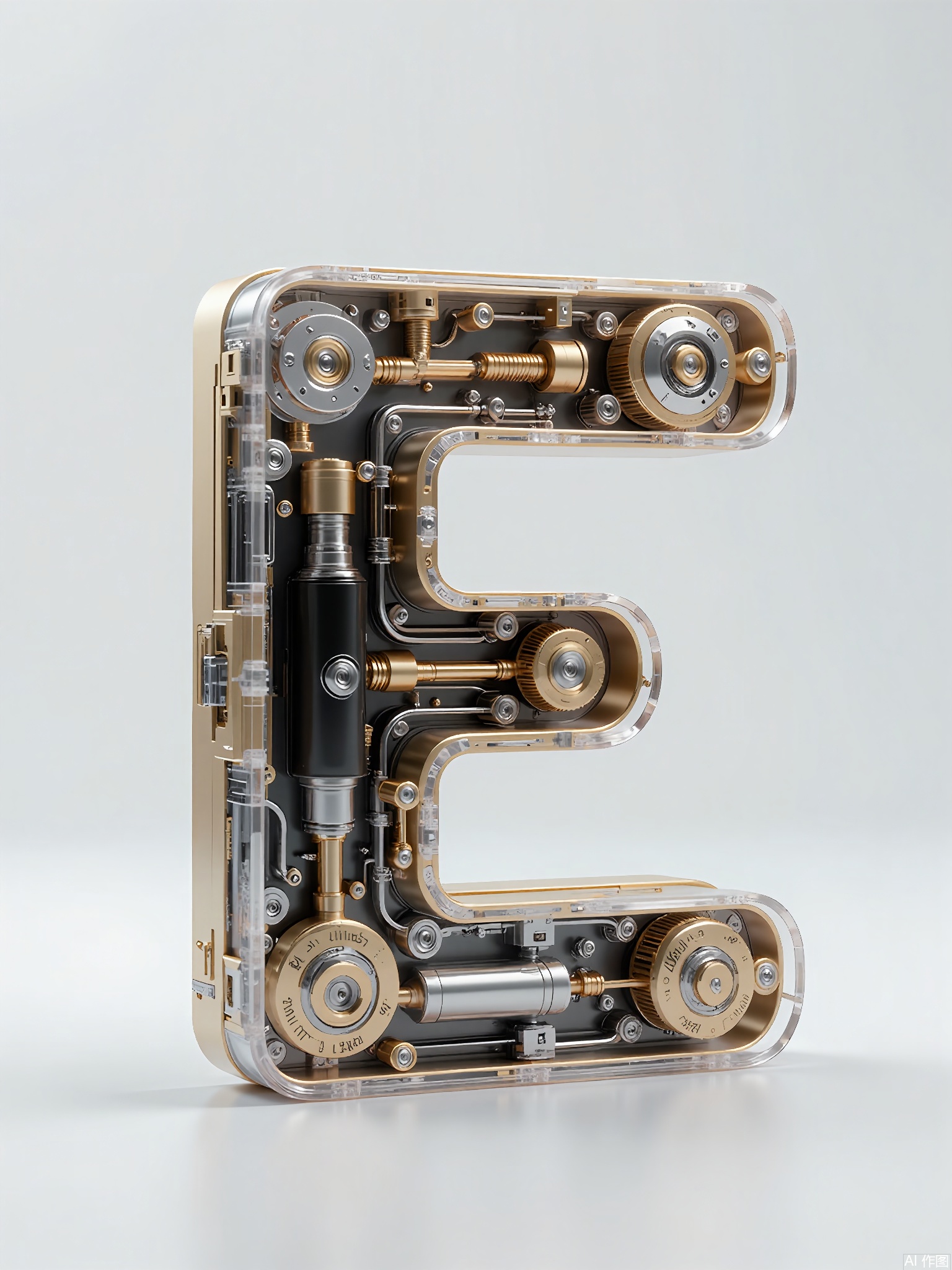 JXZT, A highly detailed, futuristic, and abstract sculpture made from transparent and metallic materials, forming the letter "E" in a highly stylized way. The sculpture is made up of overlapping layers of transparent panels and metallic frames, with small LED lights embedded within, casting a soft glow. The design combines organic curves with sharp, mechanical lines, creating a sense of harmony between nature and technology. The plain grey background allows the sculpture's intricate details to shine through.

