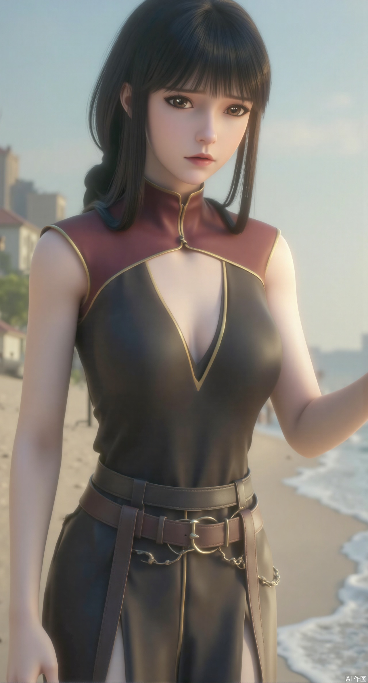 sfw,(masterpiece:1.2),best quality,extremely detailed wallpaper,perfect lighting1girl,solo,standing,looking at viewer,(cowboy_shot:1.3),,long hair,blurry background,depth of field,(in summer,day,outdoors,nature,sea,beach:1.23),(huge breasts:2.99),(full breasts:2.99),