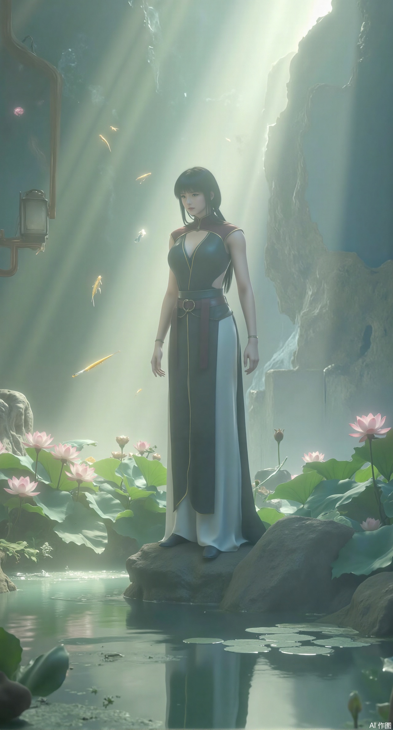 (masterpiece, best quality:1.2),A celestial maiden in Hanfu stands on a cloud, ethereal silk robes fluttering in the wind, swirling sea of clouds beneath her feet, (background reveals the emerald lotus pond of Penglai Wonderland with blooming pink-white lotuses:1.29), golden koi fish swimming in translucent water, soft morning light piercing through mist, ultra HD rendering showcases intricate embroidery on Hanfu, 8K detail captures dewdrops on lotus petals, dynamic lighting effects emphasize swirling mist movement, panoramic composition creates ethereal celestial atmosphere,(huge breasts:2.99),(full breasts:2.99),(Background with traditional Chinese architecture,Pond, water lilies:1.39)