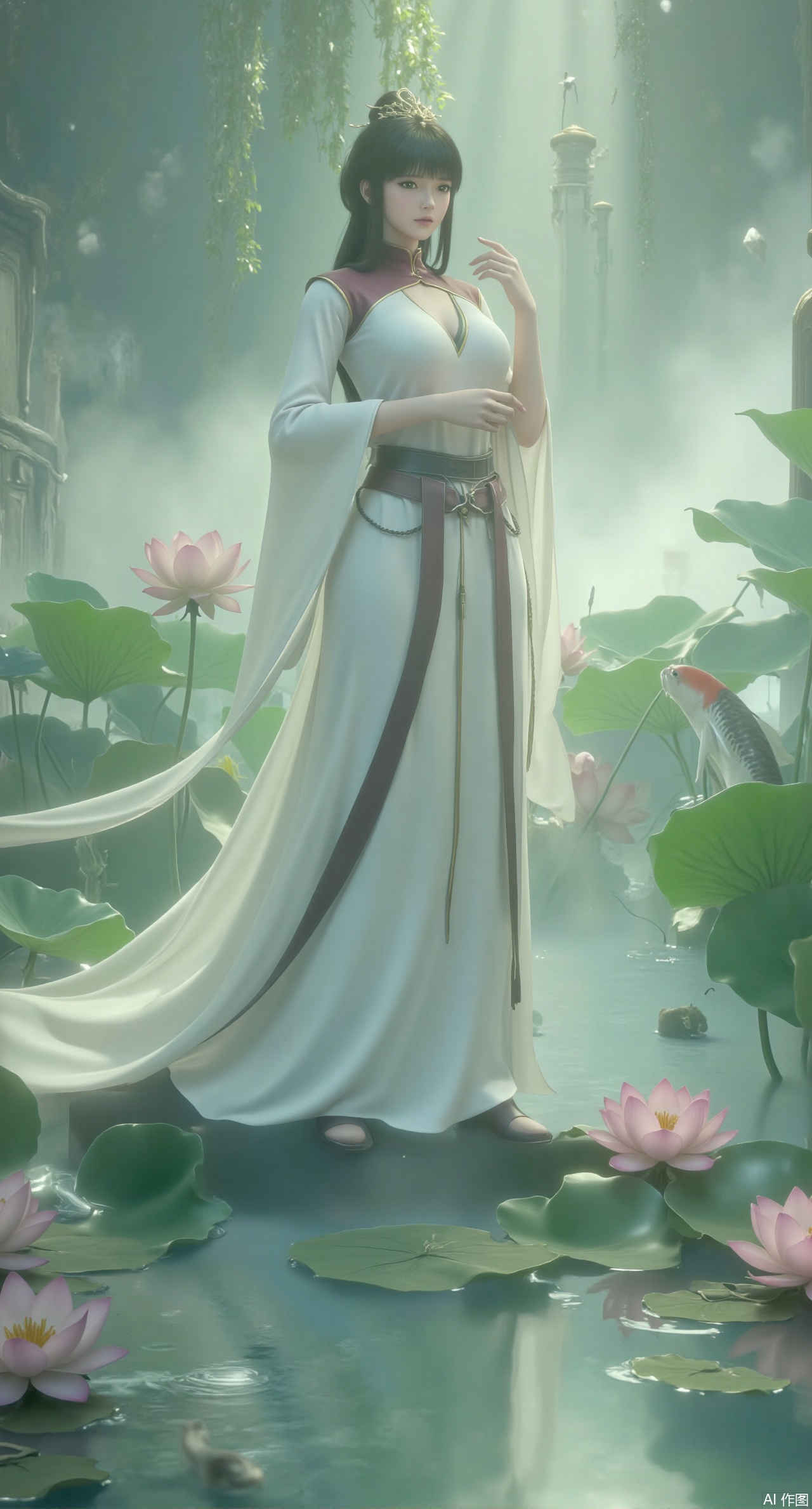 (masterpiece, best quality:1.2),A celestial maiden in Hanfu stands on a cloud, ethereal silk robes fluttering in the wind, swirling sea of clouds beneath her feet, (background reveals the emerald lotus pond of Penglai Wonderland with blooming pink-white lotuses:1.29), golden koi fish swimming in translucent water, soft morning light piercing through mist, ultra HD rendering showcases intricate embroidery on Hanfu, 8K detail captures dewdrops on lotus petals, dynamic lighting effects emphasize swirling mist movement, panoramic composition creates ethereal celestial atmosphere,(huge breasts:2.99),(full breasts:2.99),(Background with traditional Chinese architecture,Pond, water lilies:1.39)