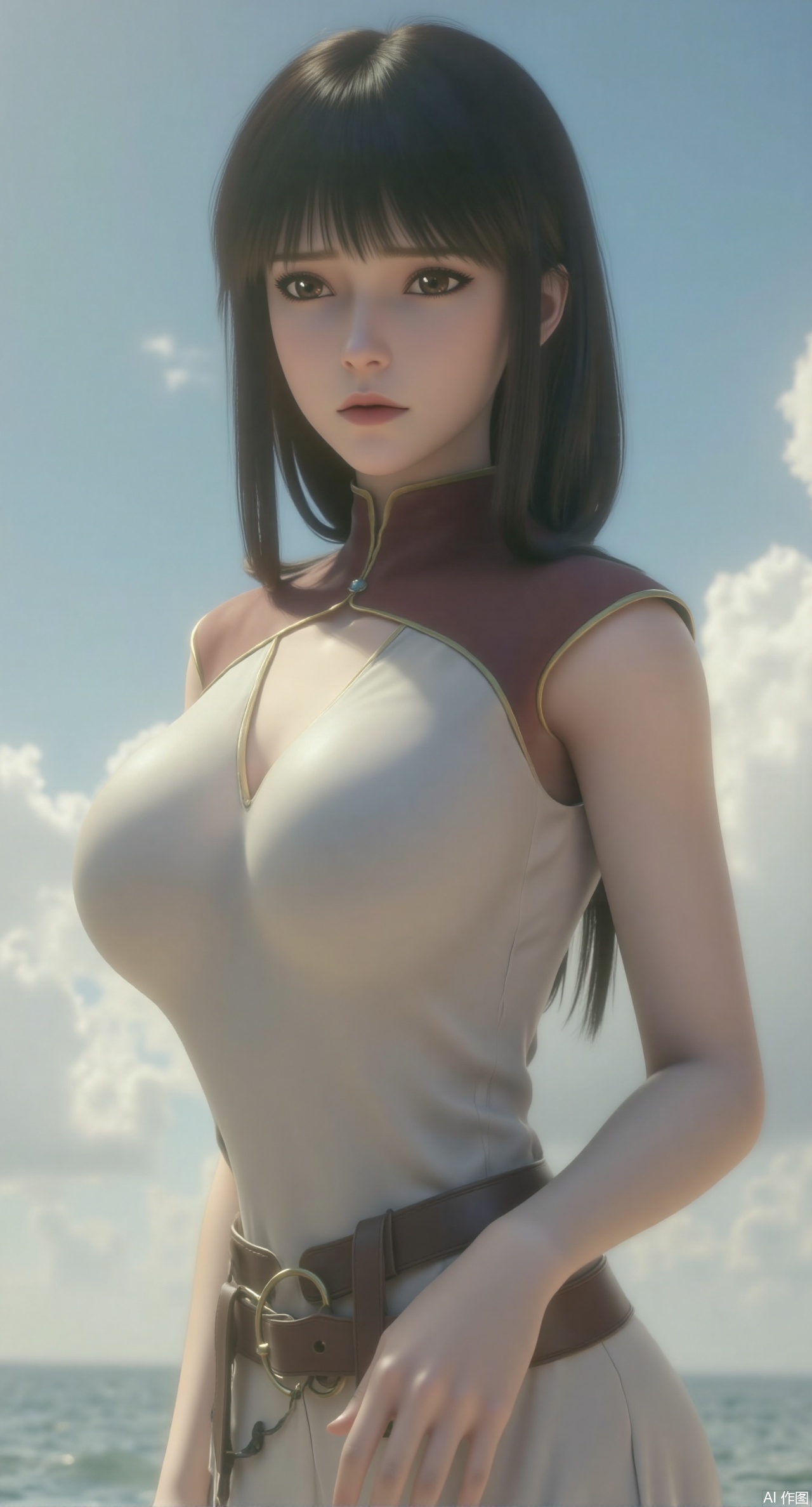 sfw,(masterpiece:1.2),best quality,extremely detailed wallpaper,perfect lighting1girl,solo,standing,looking at viewer,(cowboy_shot:1.3),,long hair,blurry background,depth of field,(in summer,day,outdoors,nature,sea,beach:1.23),(huge breasts:2.99),(full breasts:2.99),