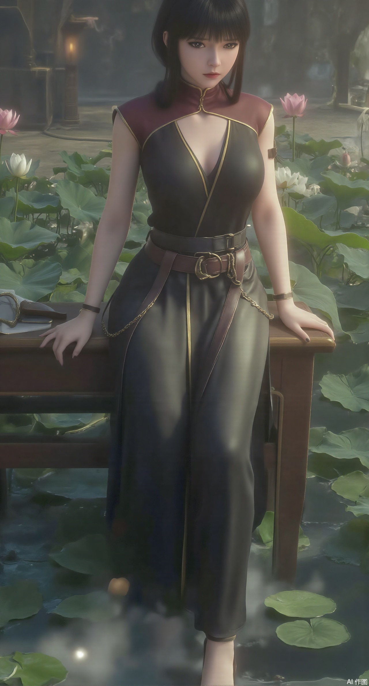 (masterpiece:1.2),best quality,The image is a digital illustration of a young woman sitting on a wooden bench in a pond with lily pads. She is wearing a long dress with design on the chest and sleeves. The dress has a high neckline and short sleeves,Holding a lotus in hand. She has long dark hair styled in loose waves and is wearing gold high heels. The woman is posing with one hand on her hip and the other resting on the edge of the bench. The background is filled with pink and white lotus flowers and green leaves. The overall mood of the image is peaceful and serene,(huge breasts:2.99),(full breasts:2.99),(Background with traditional Chinese architecture,Pond, water lilies:1.39),,XzilingXY3,XlimuwanJCY,XmoxianYK,Xfanlv