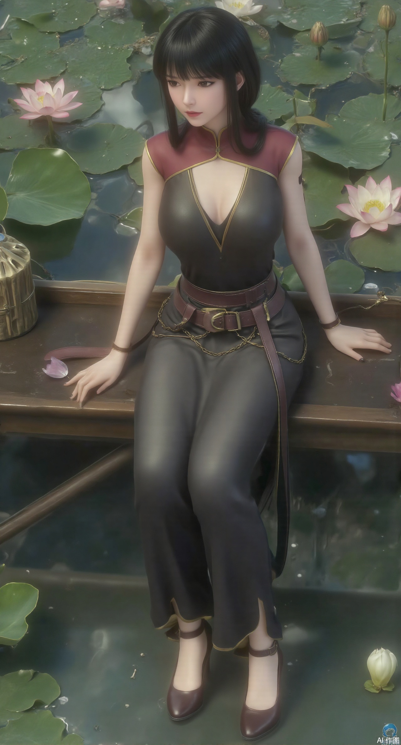 (masterpiece:1.2),best quality,The image is a digital illustration of a young woman sitting on a wooden bench in a pond with lily pads. She is wearing a long dress with design on the chest and sleeves. The dress has a high neckline and short sleeves,Holding a lotus in hand. She has long dark hair styled in loose waves and is wearing gold high heels. The woman is posing with one hand on her hip and the other resting on the edge of the bench. The background is filled with pink and white lotus flowers and green leaves. The overall mood of the image is peaceful and serene,(huge breasts:2.99),(full breasts:2.99),(Background with traditional Chinese architecture,Pond, water lilies:1.39),,XzilingXY3,XlimuwanJCY,XmoxianYK,Xfanlv