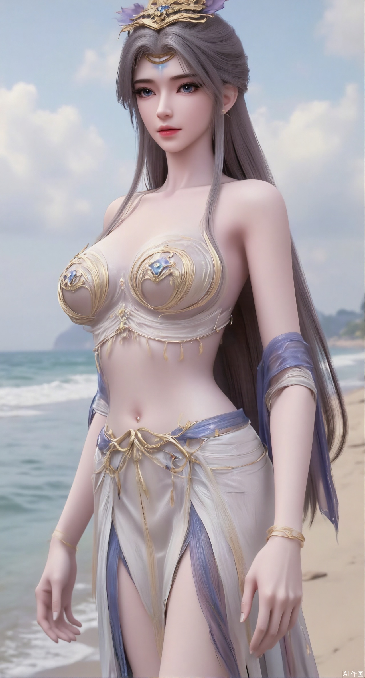 (masterpiece:1.2),best quality,extremely detailed wallpaper,perfect lighting1girl,solo,standing,looking at viewer,(cowboy_shot:1.3),,long hair,blurry background,depth of field,in summer,day,outdoors,nature,sea,(beach:1.4),(huge breasts:2.99),(full breasts:2.99),XzilingXY3,XlimuwanJCY,XmoxianYK,Xfanlv