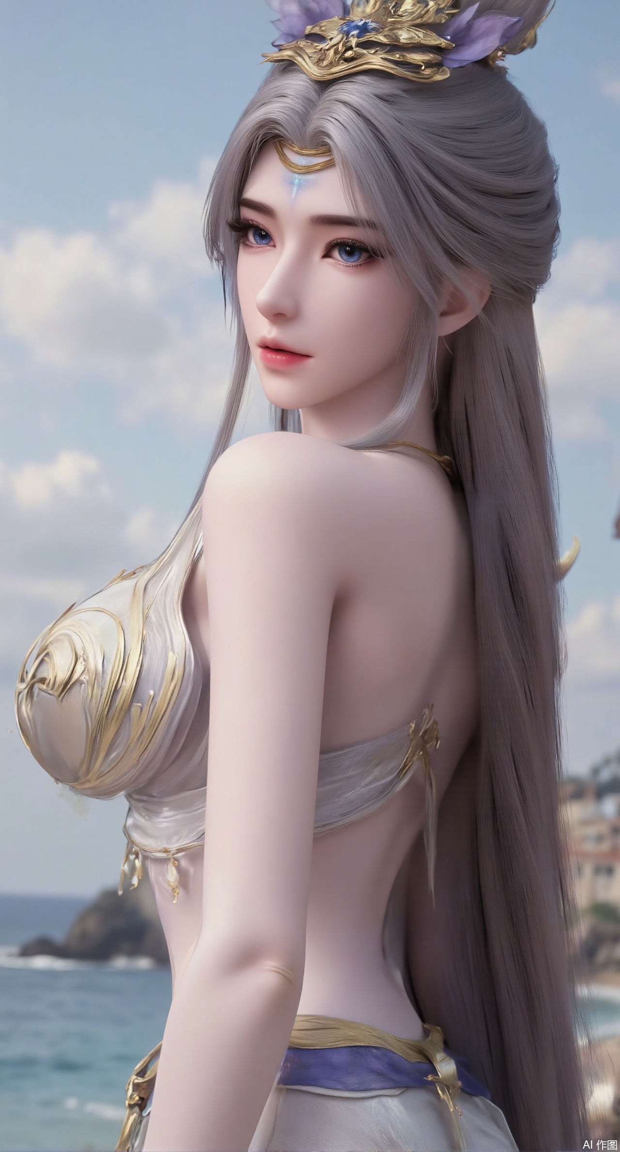 (masterpiece:1.2),best quality,extremely detailed wallpaper,perfect lighting1girl,solo,standing,looking at viewer,(cowboy_shot:1.3),,long hair,blurry background,depth of field,in summer,day,outdoors,nature,sea,(beach:1.4),(huge breasts:2.99),(full breasts:2.99),XzilingXY3,XlimuwanJCY,XmoxianYK,Xfanlv