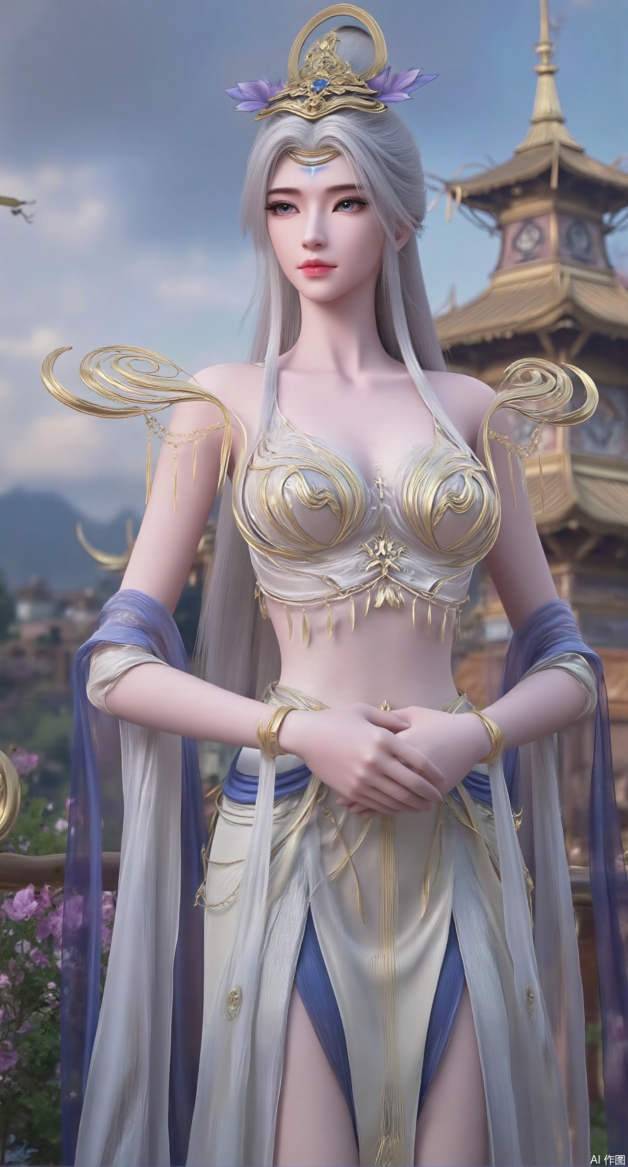 SFW,(masterpiece, top quality, best quality, official art, beautiful and aesthetic:1.2),Realistic,long dress,(Traditional Asian-inspired attire with a vibrant floral accessory and intricate hair ornament),realistic,hanfu photography,hanfu,1girl,fair_skin,glamor,very long hair,absurdres,incredibly absurdres,wallpaper,artbook,chinese_style_loft,turret,tower,handrail,plant,wisteria,spider_lily,face_focus,dynamic_angle,depth of field,looking_at_viewer,(huge breasts:2.99),(full breasts:2.99),(rose,rose sea:1.59),XzilingXY3,XlimuwanJCY,XmoxianYK,Xfanlv
