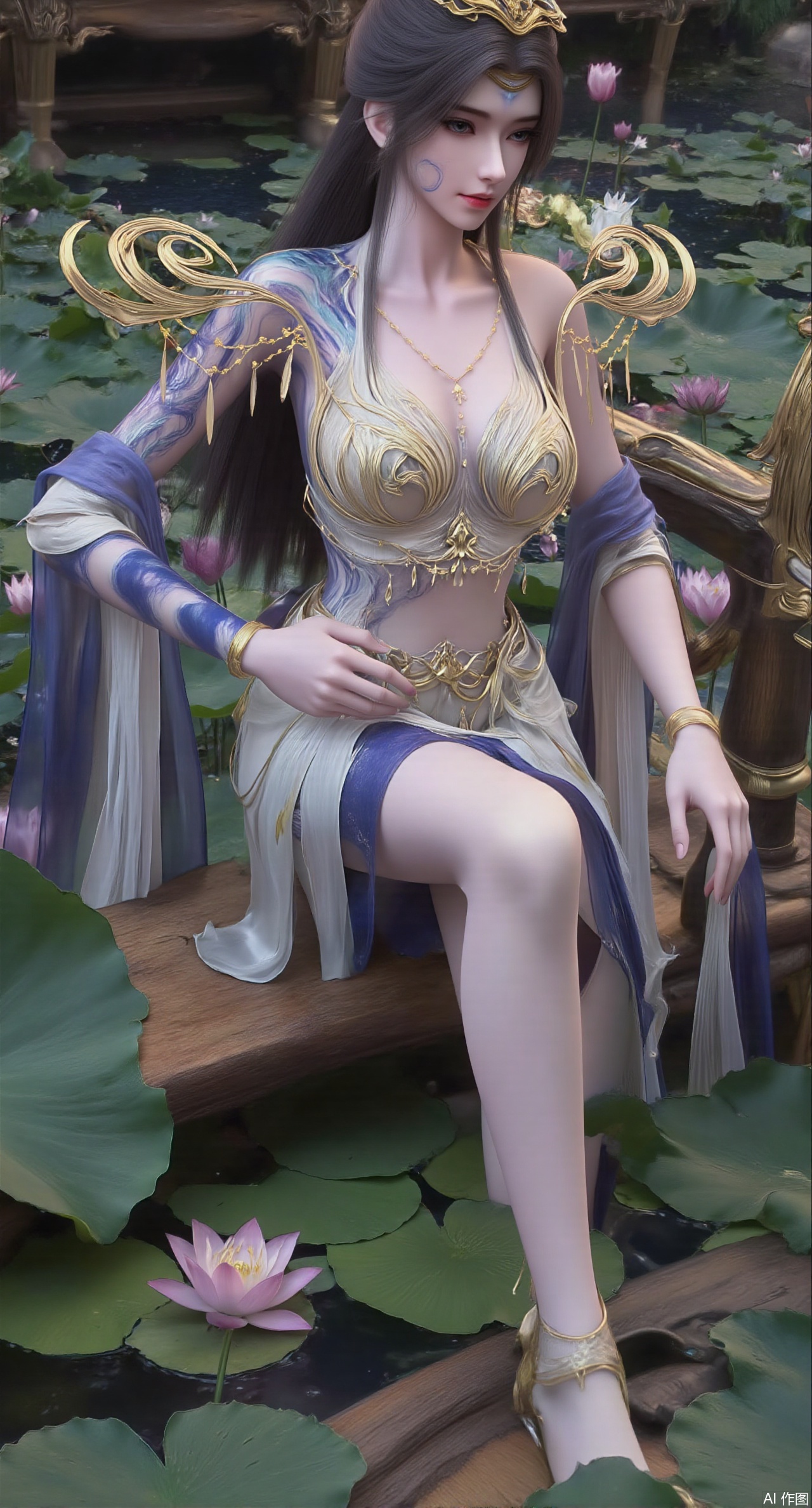 (masterpiece:1.2),best quality,The image is a digital illustration of a young woman sitting on a wooden bench in a pond with lily pads. She is wearing a long dress with design on the chest and sleeves. The dress has a high neckline and short sleeves,Holding a lotus in hand. She has long dark hair styled in loose waves and is wearing gold high heels. The woman is posing with one hand on her hip and the other resting on the edge of the bench. The background is filled with pink and white lotus flowers and green leaves. The overall mood of the image is peaceful and serene,(huge breasts:2.99),(full breasts:2.99),(Background with traditional Chinese architecture,Pond, water lilies:1.39),,XzilingXY3,XlimuwanJCY,XmoxianYK,Xfanlv