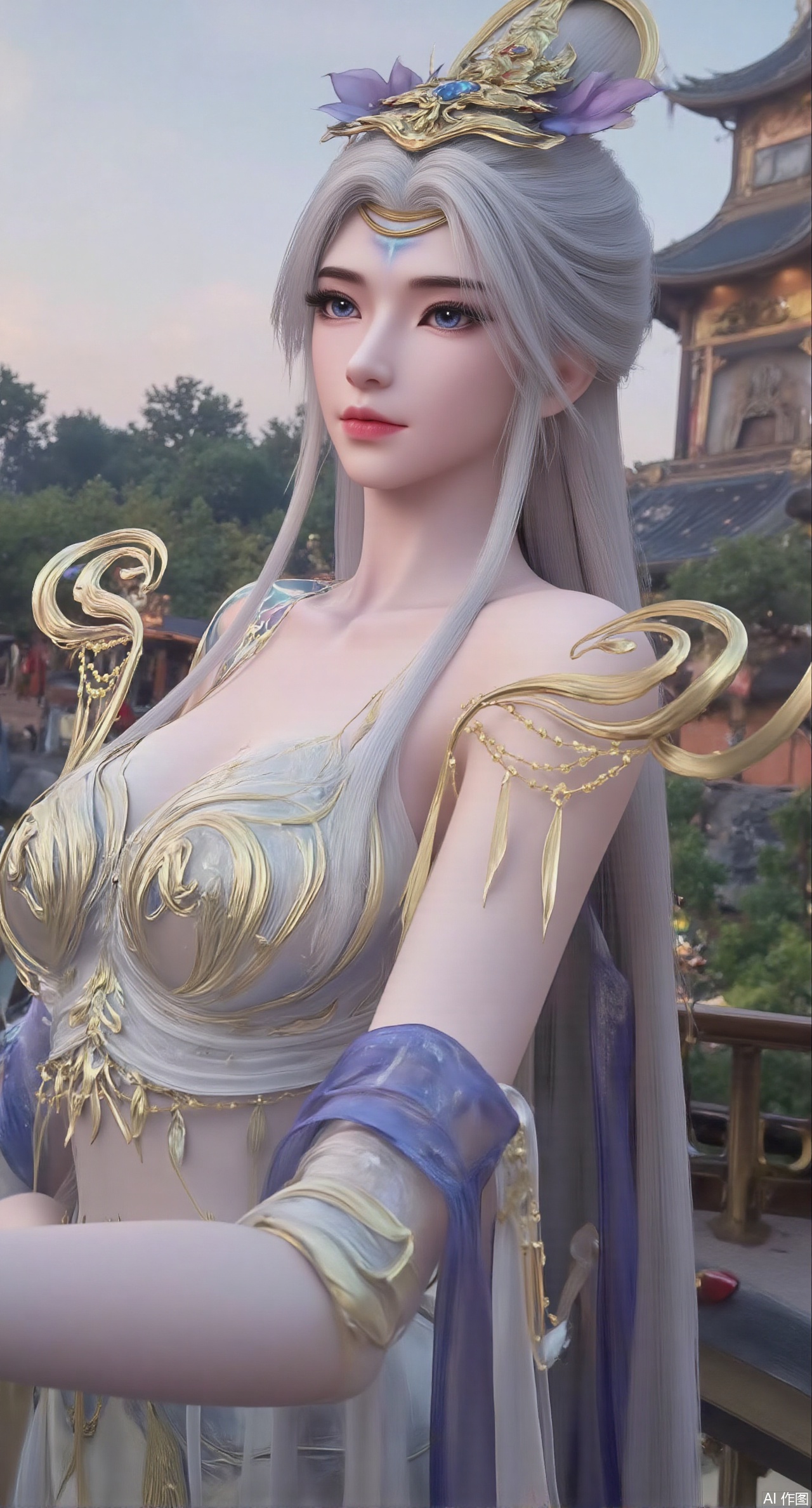 SFW,(masterpiece, top quality, best quality, official art, beautiful and aesthetic:1.2),Realistic,long dress,(Traditional Asian-inspired attire with a vibrant floral accessory and intricate hair ornament),realistic,hanfu photography,hanfu,1girl,fair_skin,glamor,very long hair,absurdres,incredibly absurdres,wallpaper,artbook,chinese_style_loft,turret,tower,handrail,plant,wisteria,spider_lily,face_focus,dynamic_angle,depth of field,looking_at_viewer,(huge breasts:2.99),(full breasts:2.99),(rose,rose sea:1.59),XzilingXY3,XlimuwanJCY,XmoxianYK,Xfanlv