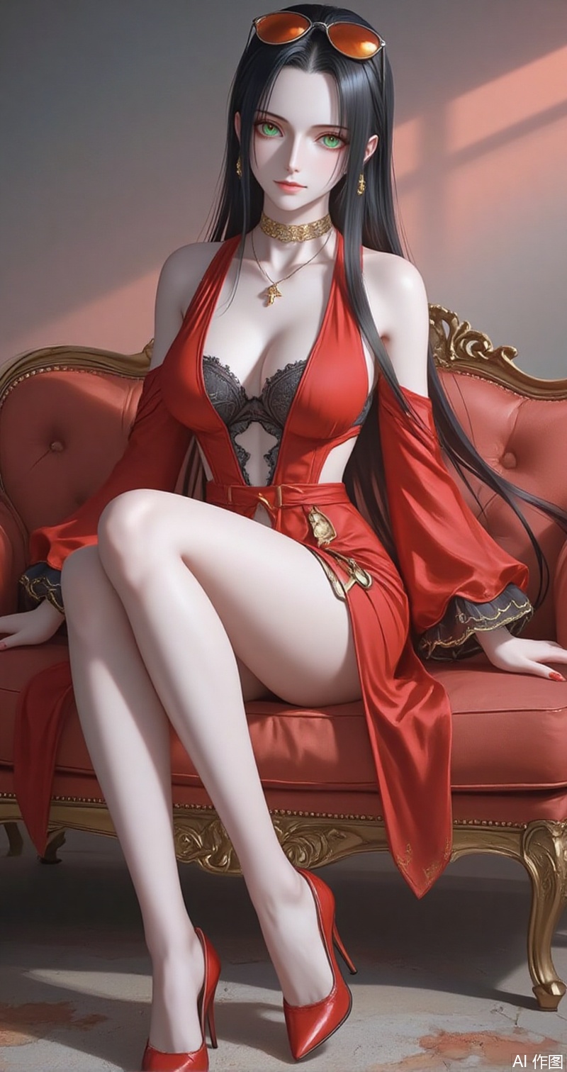 nvdi,lvjing,lvjing,luobin,baoshi,
black hair,nico robin,long hair,eyewear on head,1girl,sunglasses,green eyes,orange-tinted eyewear,
1girl, solo, breasts, dress, high heels, jewelry, red dress, necklace, full body, red nails, cleavage, clothing cutout,detached_sleeves, gradient background, red footwear,sitting, couch,crossed_legs