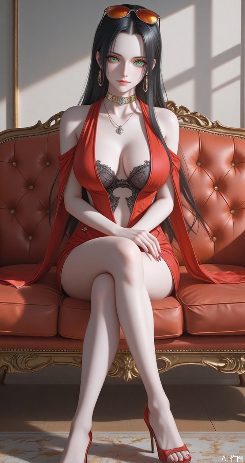 nvdi,lvjing,lvjing,luobin,baoshi,
black hair,nico robin,long hair,eyewear on head,1girl,sunglasses,green eyes,orange-tinted eyewear,
1girl, solo, breasts, dress, high heels, jewelry, red dress, necklace, full body, red nails, cleavage, clothing cutout,detached_sleeves, gradient background, red footwear,sitting, couch,crossed_legs