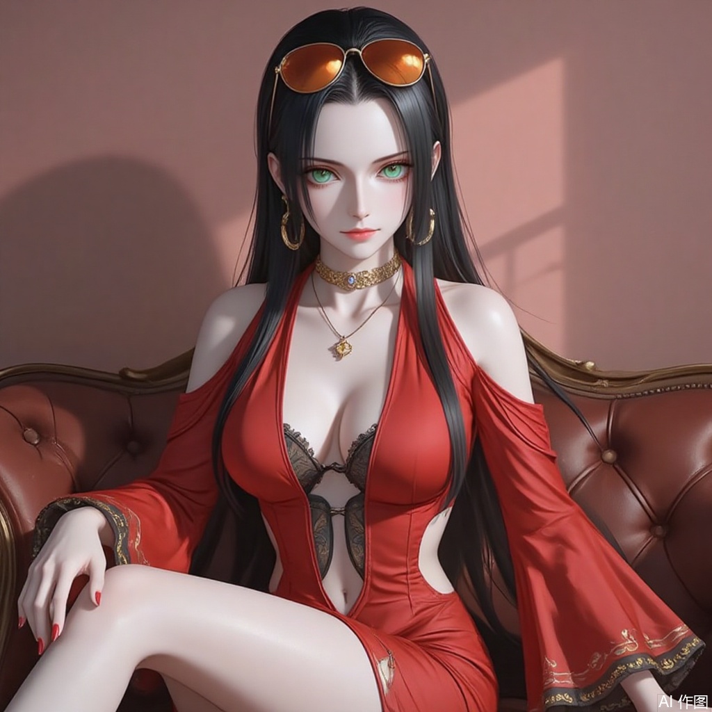 nvdi,lvjing,lvjing,luobin,baoshi,
black hair,nico robin,long hair,eyewear on head,1girl,sunglasses,green eyes,orange-tinted eyewear,
1girl, solo, breasts, dress, high heels, jewelry, red dress, necklace, full body, red nails, cleavage, clothing cutout,detached_sleeves, gradient background, red footwear,sitting, couch,crossed_legs