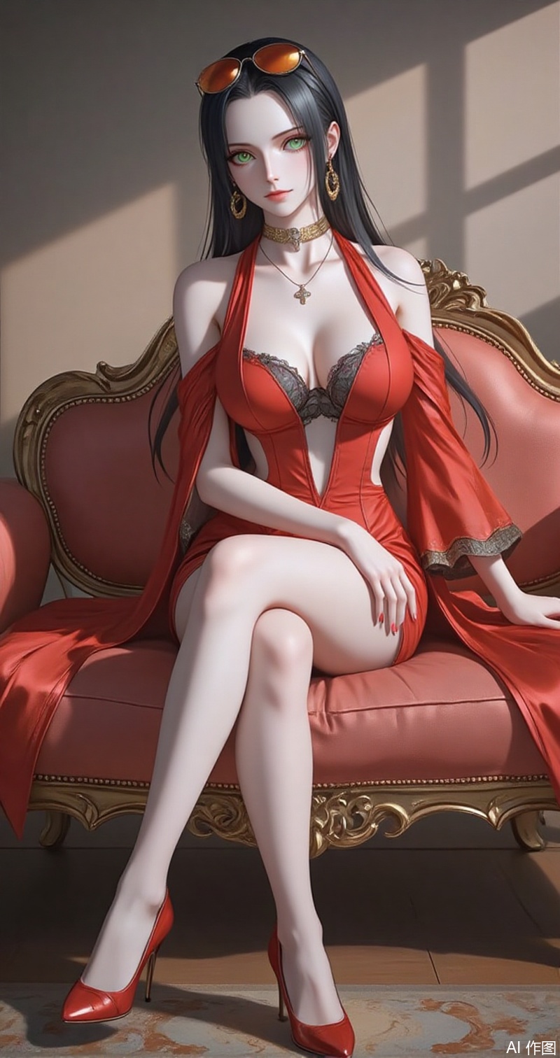 nvdi,lvjing,lvjing,luobin,baoshi,
black hair,nico robin,long hair,eyewear on head,1girl,sunglasses,green eyes,orange-tinted eyewear,
1girl, solo, breasts, dress, high heels, jewelry, red dress, necklace, full body, red nails, cleavage, clothing cutout,detached_sleeves, gradient background, red footwear,sitting, couch,crossed_legs