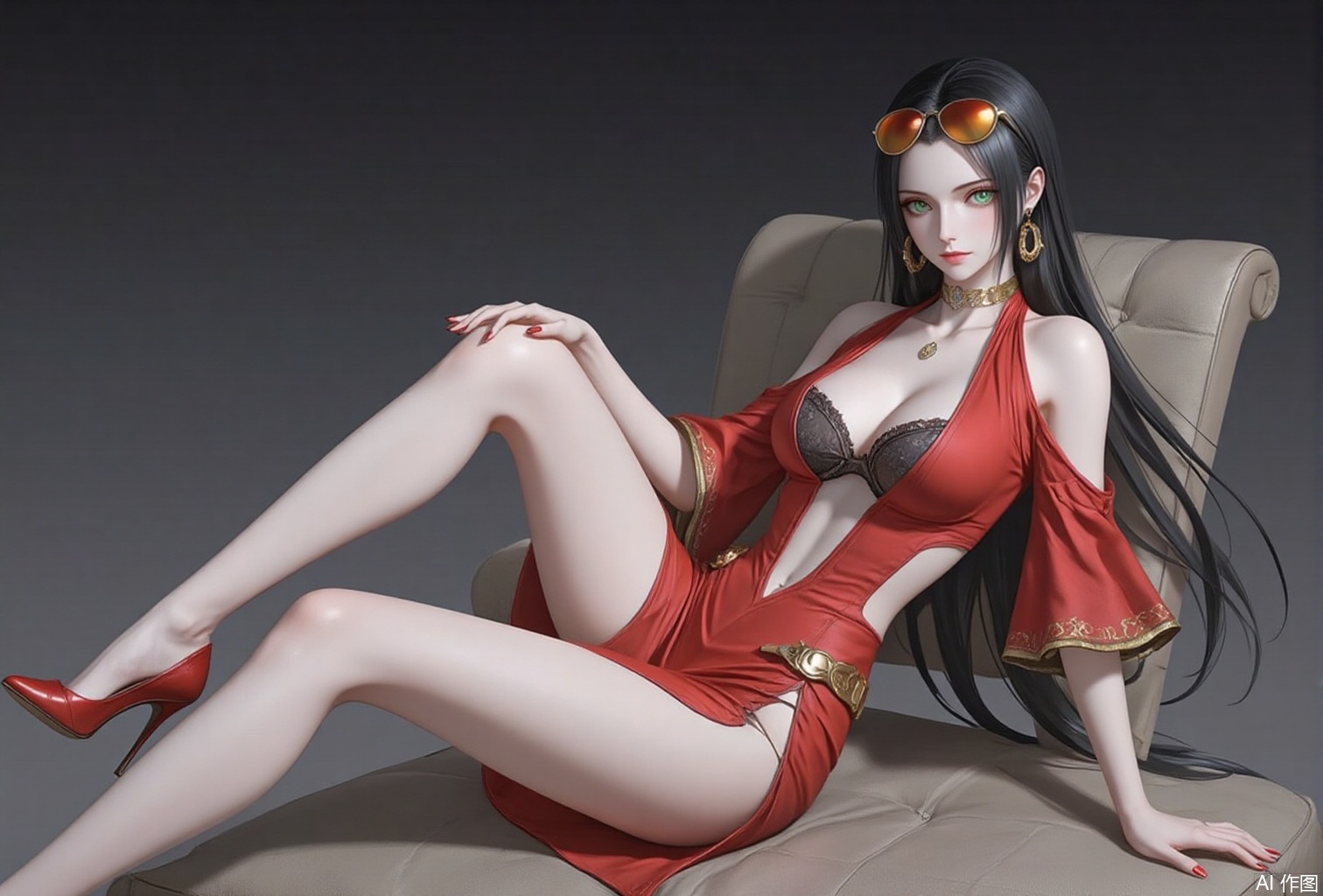 nvdi,lvjing,lvjing,luobin,baoshi,
black hair,nico robin,long hair,eyewear on head,1girl,sunglasses,green eyes,orange-tinted eyewear,
1girl, solo, breasts, dress, high heels, jewelry, red dress, necklace, full body, red nails, cleavage, clothing cutout,detached_sleeves, gradient background, red footwear,sitting, couch,crossed_legs