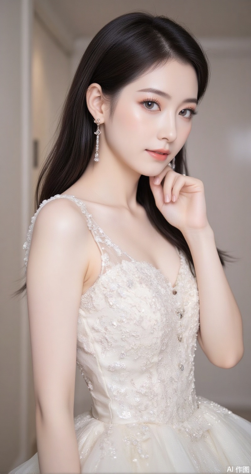 baoshi,lvjing,xiaomei,pifu,black hair,long hair,grey eyes,fair_skin,earrings,jewelry,hunsha,
dress, wedding dress, 1girl, white dress, solo, indoors, long dress,1, cover,simple background,gradient background,close-up details,outstanding style,adding a touch of dimension to your images without compromising details,close-up