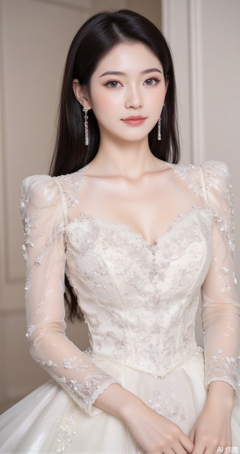 baoshi,lvjing,xiaomei,pifu,black hair,long hair,grey eyes,fair_skin,earrings,jewelry,hunsha,
dress, wedding dress, 1girl, white dress, solo, indoors, long dress,1, cover,simple background,gradient background,close-up details,outstanding style,adding a touch of dimension to your images without compromising details,close-up