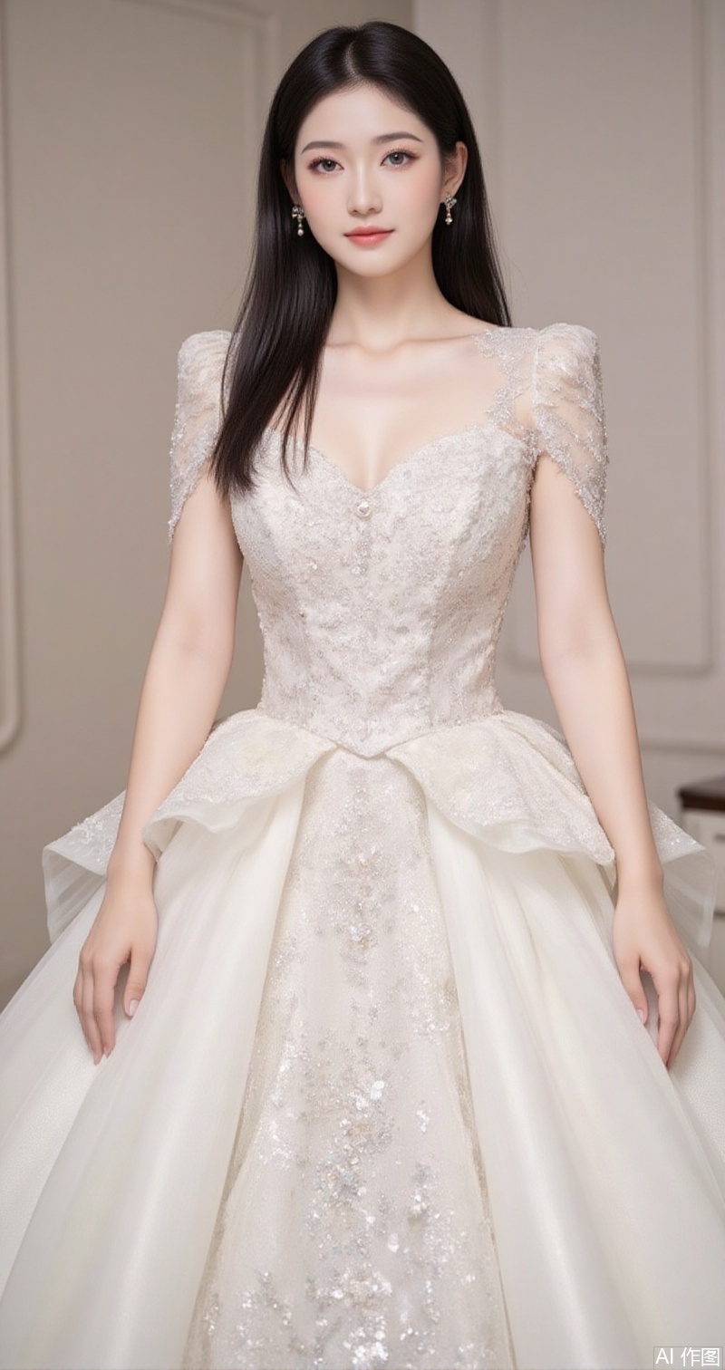 baoshi,lvjing,xiaomei,pifu,black hair,long hair,grey eyes,fair_skin,earrings,jewelry,hunsha,
dress, wedding dress, 1girl, white dress, solo, indoors, long dress,1, cover,simple background,gradient background,close-up details,outstanding style,adding a touch of dimension to your images without compromising details,close-up