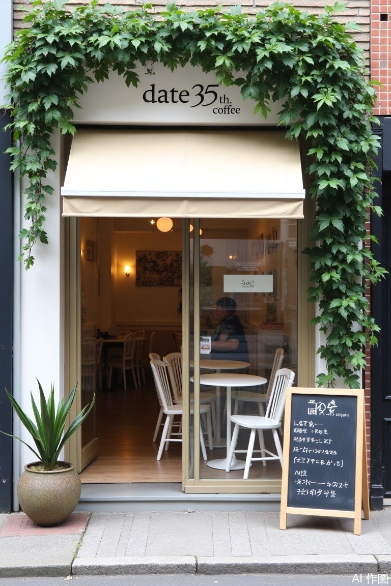 landscapejam,cafeidian, Photograph of a quaint café named "date 35th. coffee" with a modern, minimalist design. The exterior features a white façade, a large glass door, and a beige awning. Inside, white wooden chairs and tables are visible. A chalkboard menu on the sidewalk lists drinks in Japanese. The building is adorned with a lush green wall of artificial ivy. 