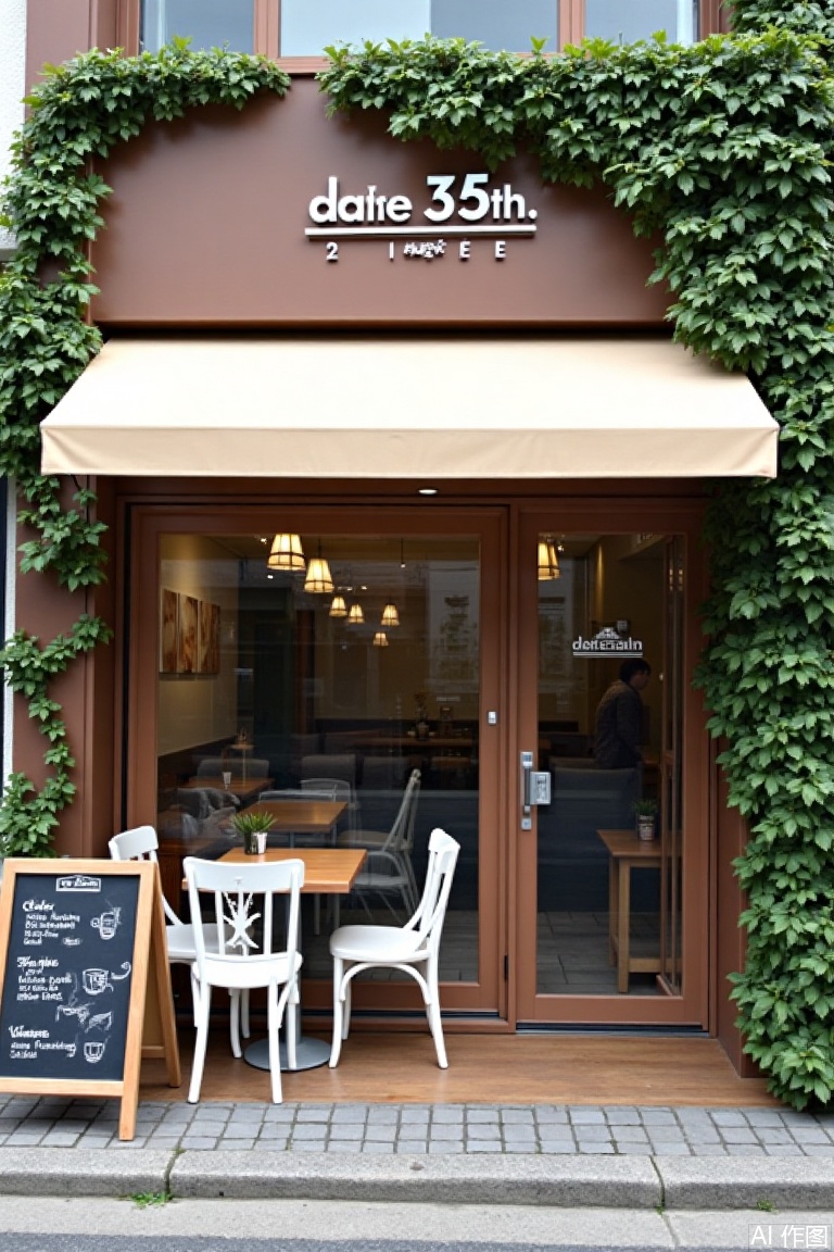 landscapejam,cafeidian, Photograph of a quaint café named "date 35th. coffee" with a modern, minimalist design. The exterior features a brown façade, a large glass door, and a beige awning. Inside, white wooden chairs and tables are visible. A chalkboard menu on the sidewalk lists drinks in Japanese. The building is adorned with a lush green wall of artificial ivy. 