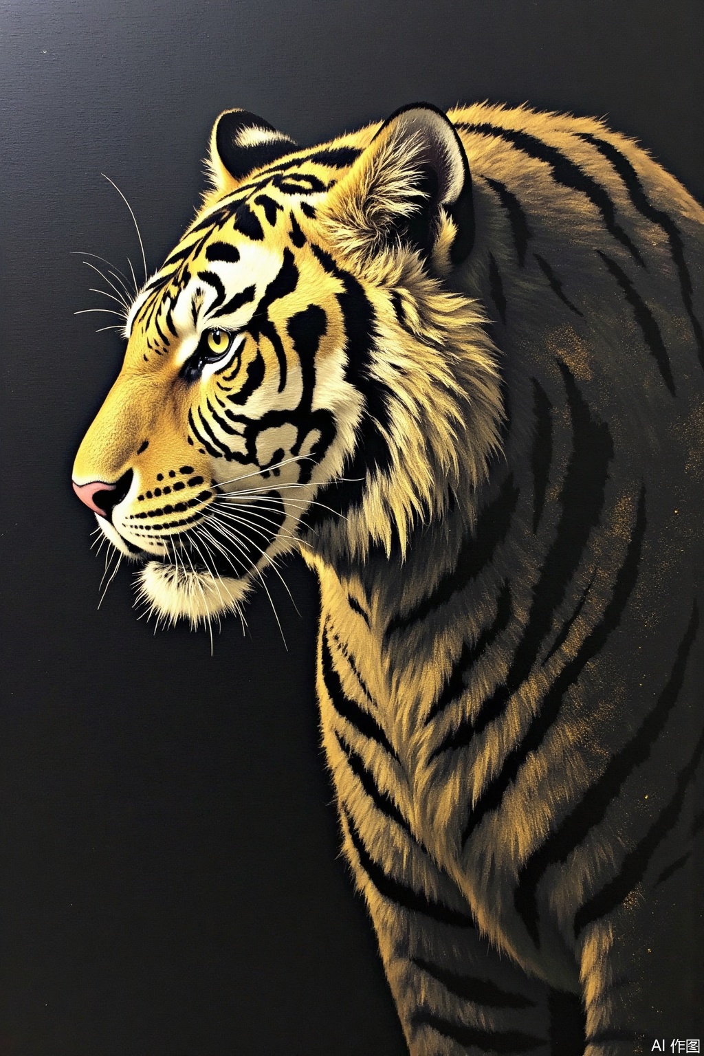 Gold foil mixed rock color style, black and gold style, with a large amount of black and gold foil as the background color, draw a tiger, the black and gold style looks high-end and atmospheric, calm and dignified,jbyc