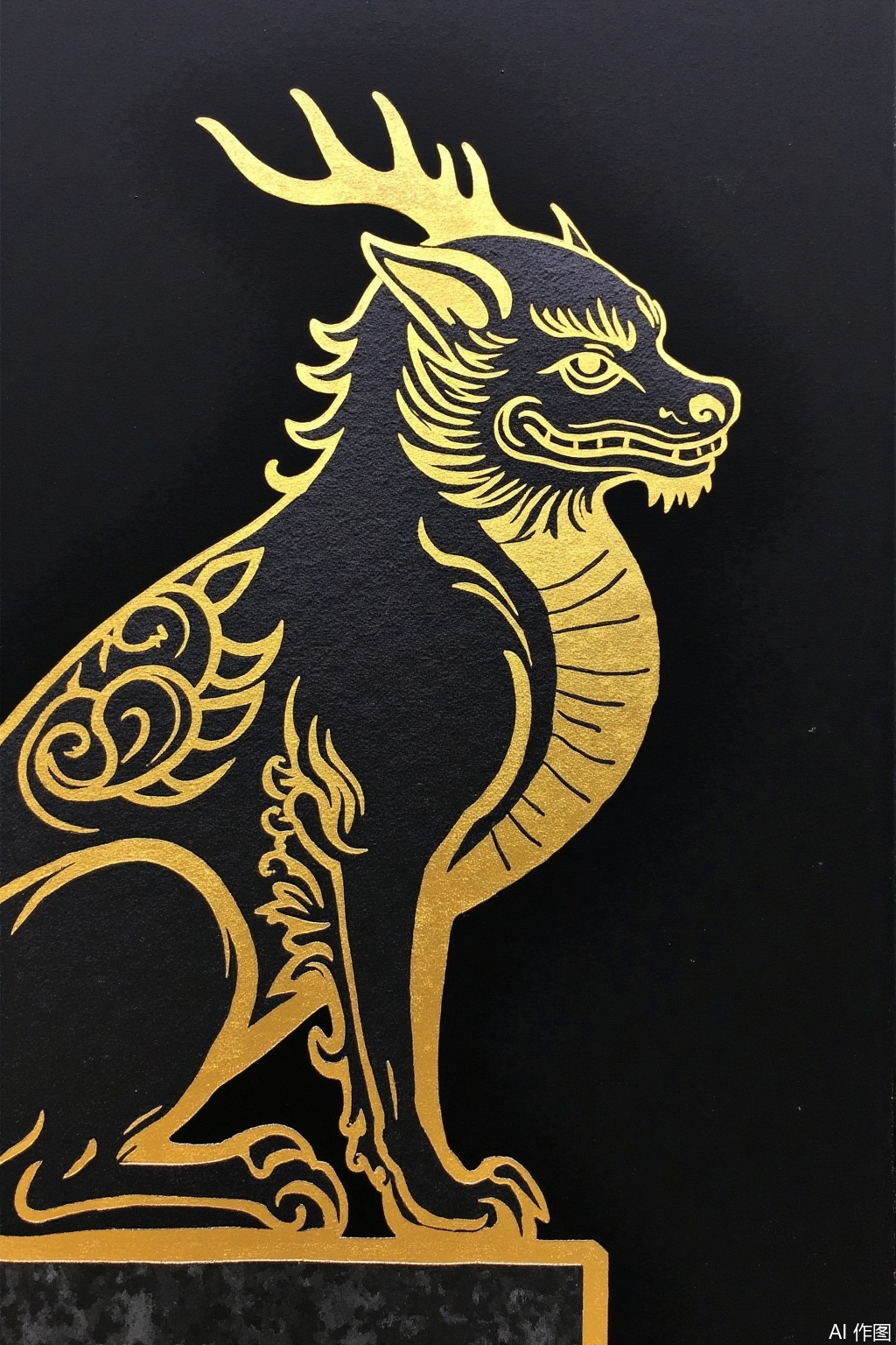 Gold foil mixed rock color style, black and gold style, with a large amount of black and gold foil as the background color, golden qilin,black and gold style looks high-end and atmospheric, calm and dignified,jbyc