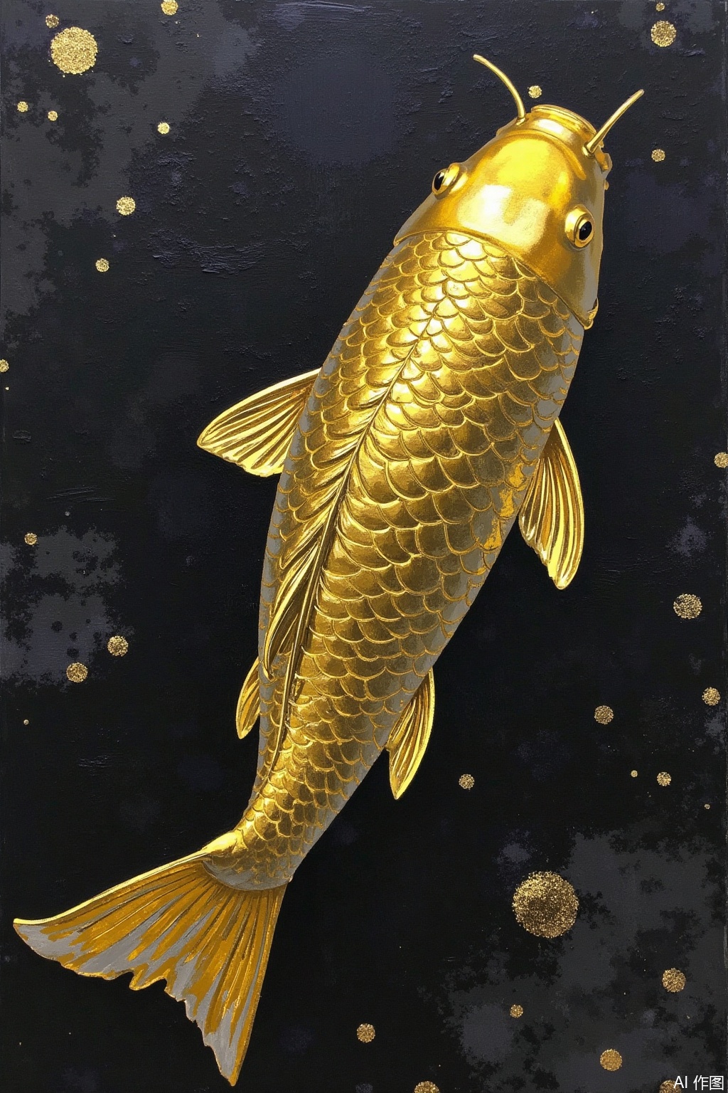 Gold foil mixed rock color style, black and gold style, with a large amount of black and gold foil as the background color, draw a koi, the black and gold style looks high-end and atmospheric, calm and dignified,jbyc