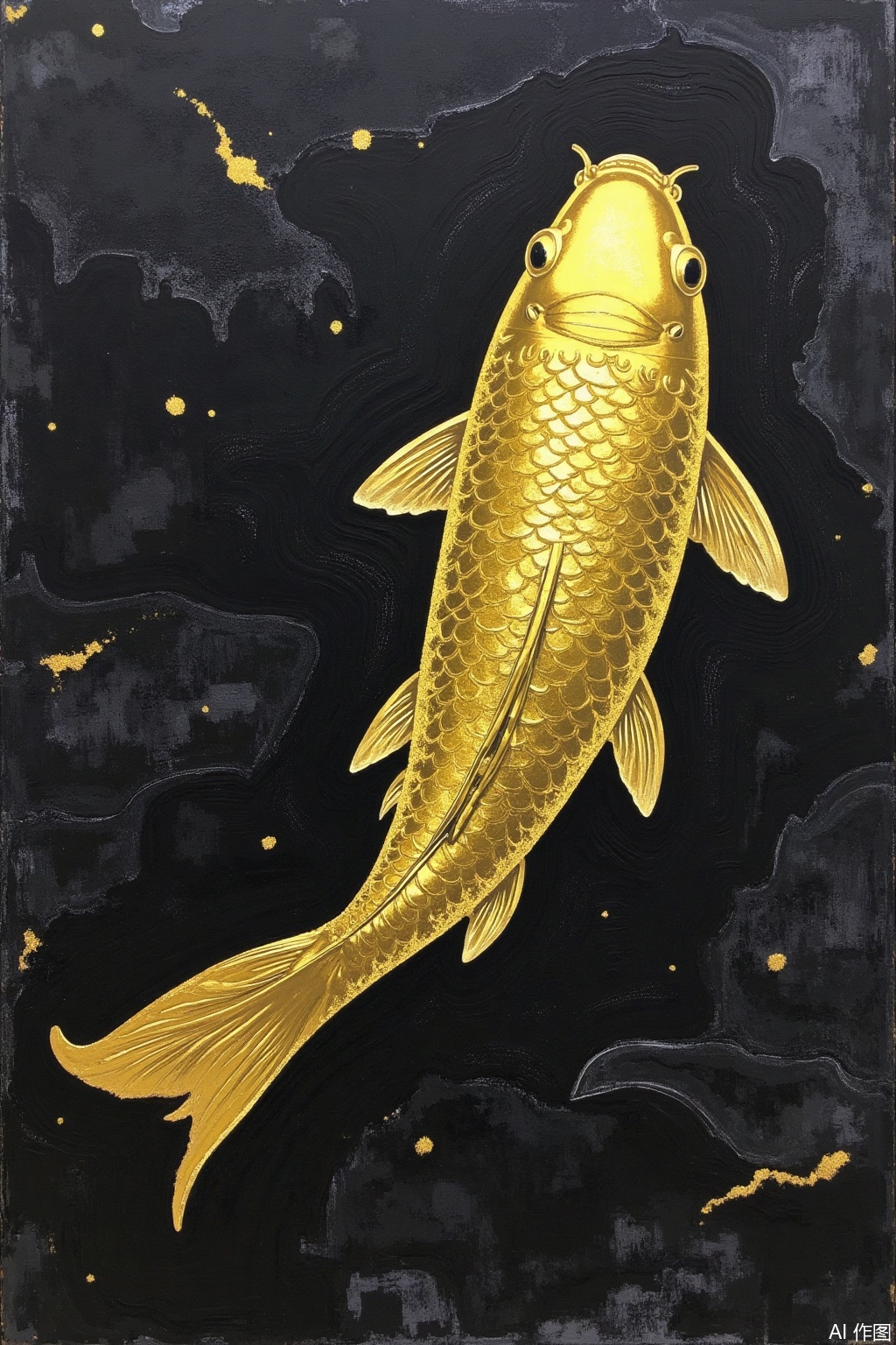 Gold foil mixed rock color style, black and gold style, with a large amount of black and gold foil as the background color, draw a koi, the black and gold style looks high-end and atmospheric, calm and dignified,jbyc