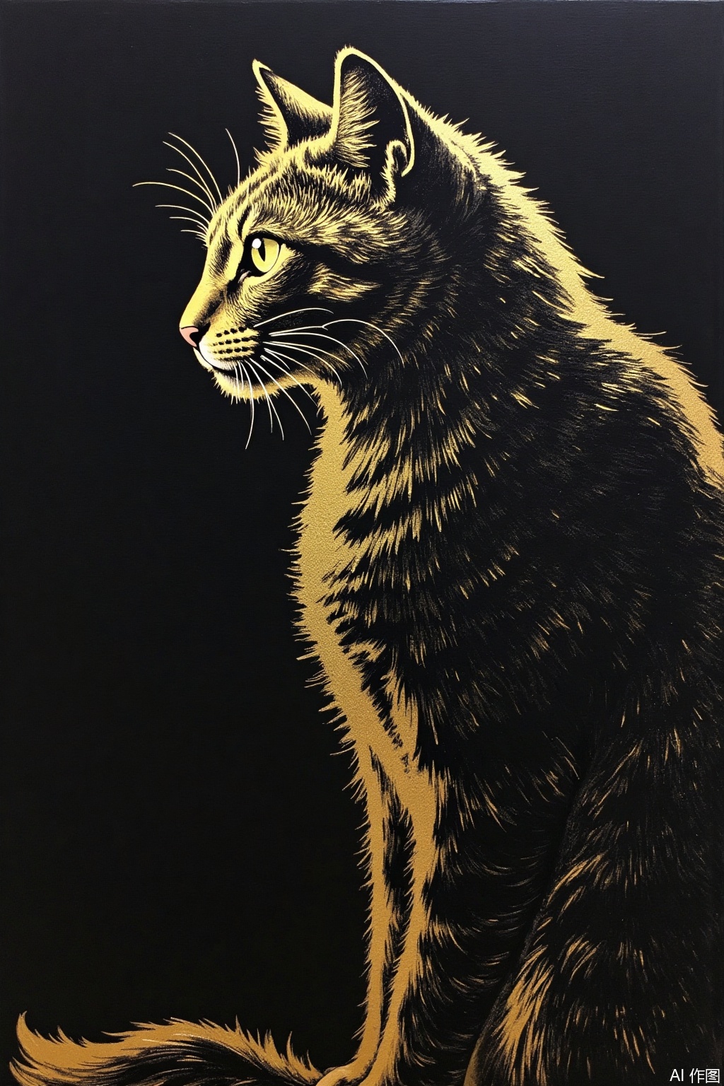 Gold foil mixed rock color style, black and gold style, with a large amount of black and gold foil as the background color, Draw a cat,black and gold style looks high-end and atmospheric, calm and dignified,jbyc