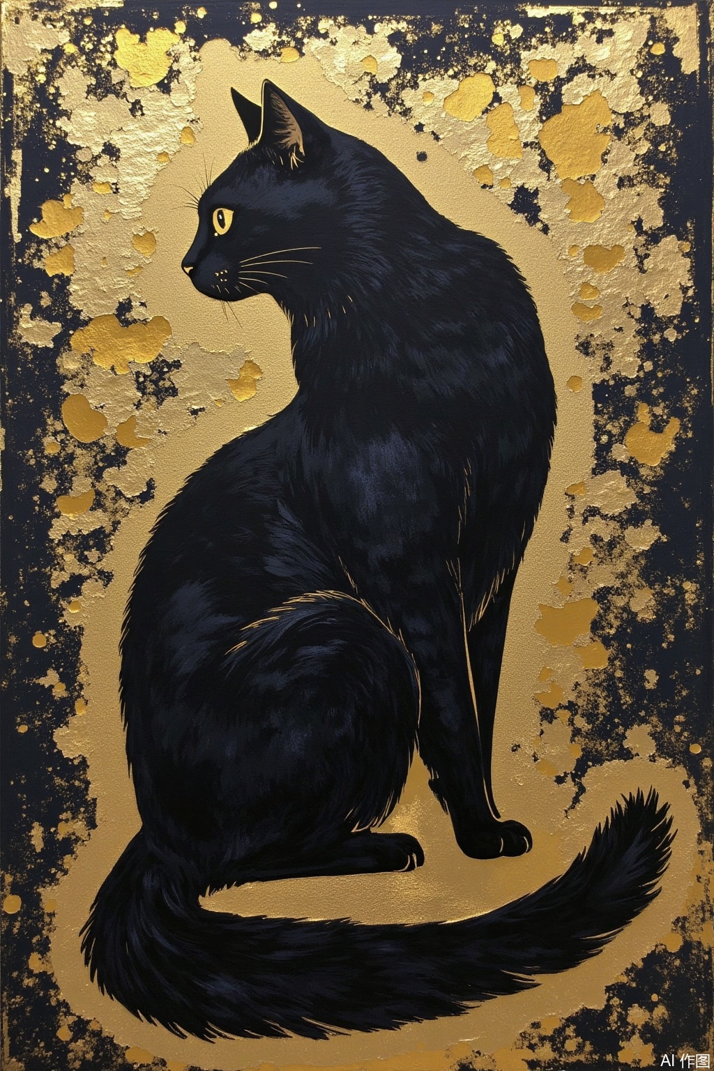 Gold foil mixed rock color style, black and gold style, with a large amount of black and gold foil as the background color, Draw a cat,black and gold style looks high-end and atmospheric, calm and dignified,jbyc