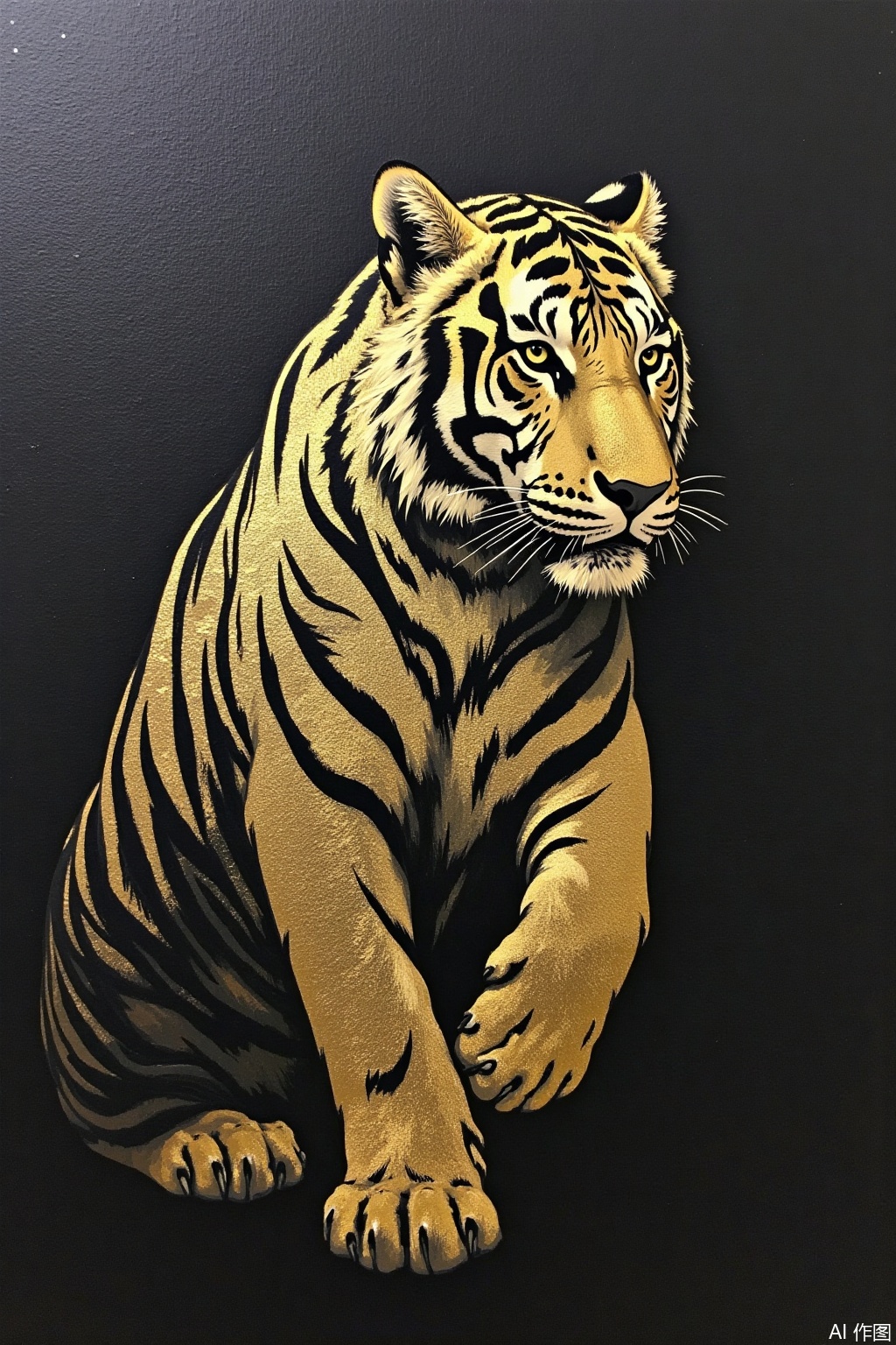 Gold foil mixed rock color style, black and gold style, with a large amount of black and gold foil as the background color, draw a tiger, the black and gold style looks high-end and atmospheric, calm and dignified,jbyc