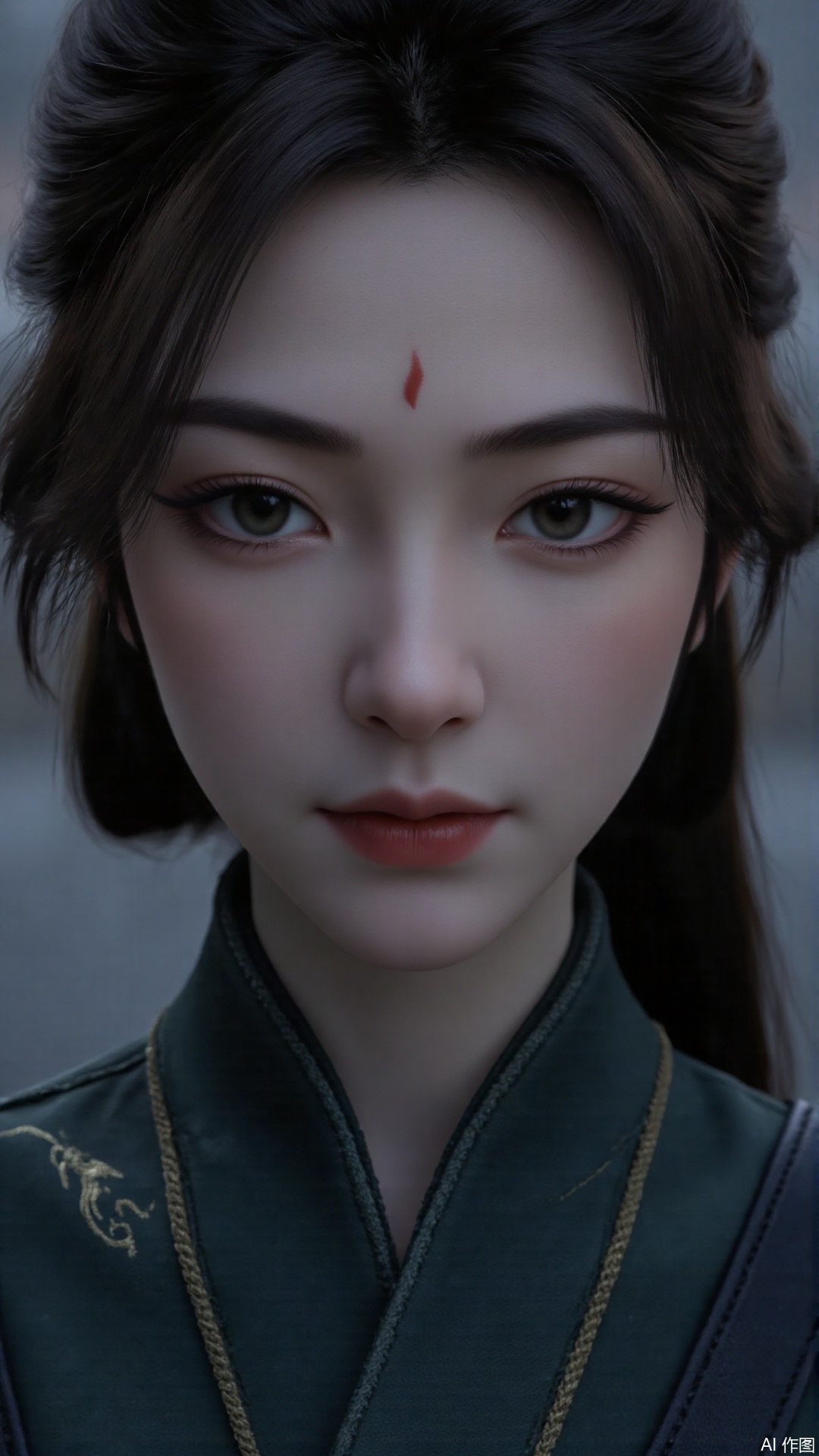 1girl, solo, realistic, looking at viewer, dark green clothes, facial mark, forehead mark, lips, heterochromia, mischevious smile, perfect body, scenery, sharp focus, best quality, masterpiece, detailed outfit, illustration, perfect eyes, finely detailed beautiful anime eyes, realistic skin, intricate details, best lighting, depth of field, ultra high resolution,cowboy_shot