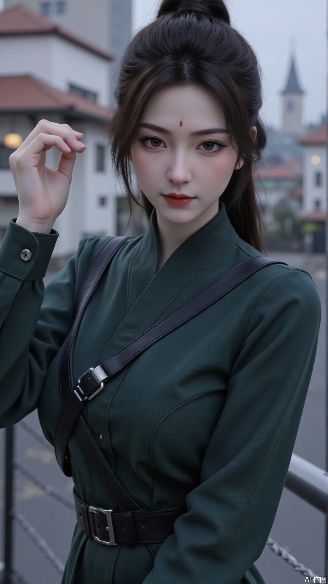 1girl, solo, realistic, looking at viewer, dark green clothes, facial mark, forehead mark, lips, heterochromia, mischevious smile, perfect body, scenery, sharp focus, best quality, masterpiece, detailed outfit, illustration, perfect eyes, finely detailed beautiful anime eyes, realistic skin, intricate details, best lighting, depth of field, ultra high resolution,cowboy_shot