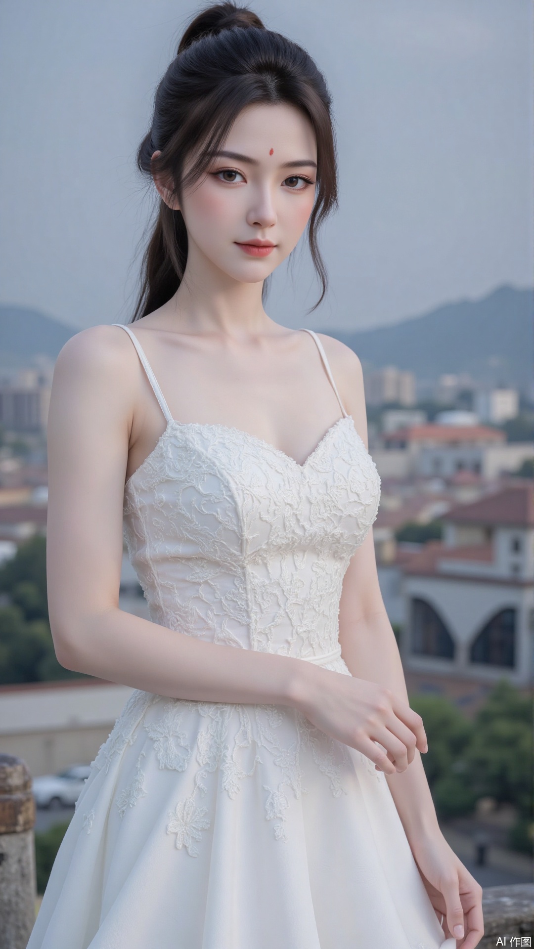 1girl, white wedding dress,looking at viewer, mischevious smile, perfect body, scenery, sharp focus, best quality, masterpiece, detailed outfit, illustration, perfect eyes, finely detailed beautiful anime eyes, realistic skin, intricate details, best lighting, depth of field, ultra high resolution, cowboy_shot, bride