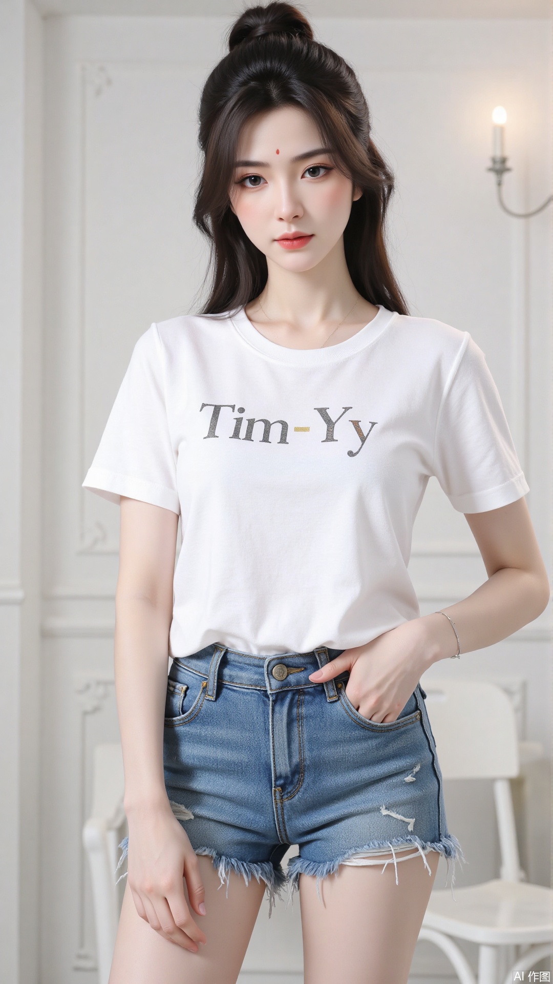 White t-shirt with ”Tim_Yi“ written on it, jeans shorts,1girl