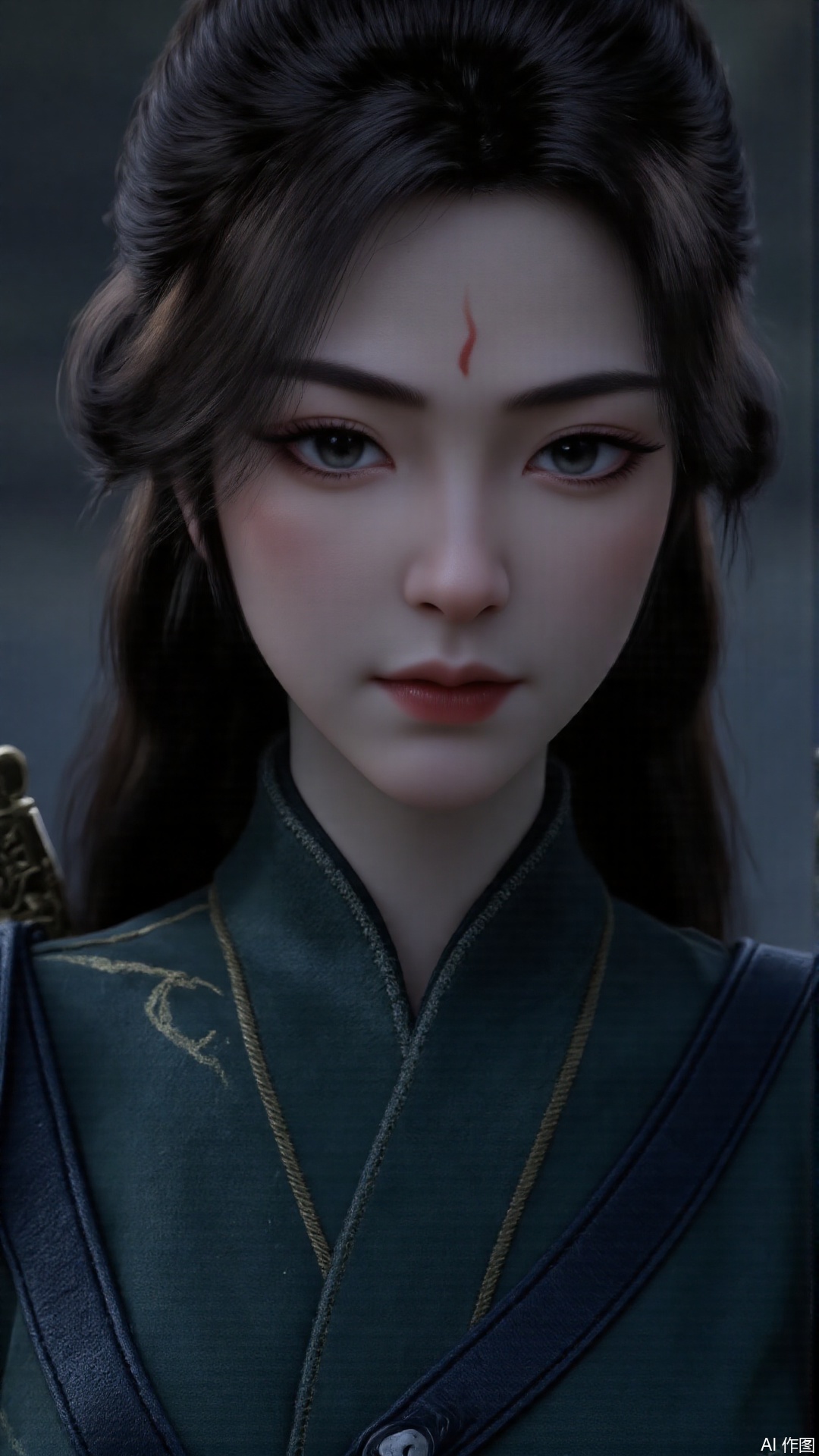 1girl, solo, realistic, looking at viewer, dark green clothes, facial mark, forehead mark, lips, heterochromia, mischevious smile, perfect body, scenery, sharp focus, best quality, masterpiece, detailed outfit, illustration, perfect eyes, finely detailed beautiful anime eyes, realistic skin, intricate details, best lighting, depth of field, ultra high resolution,cowboy_shot