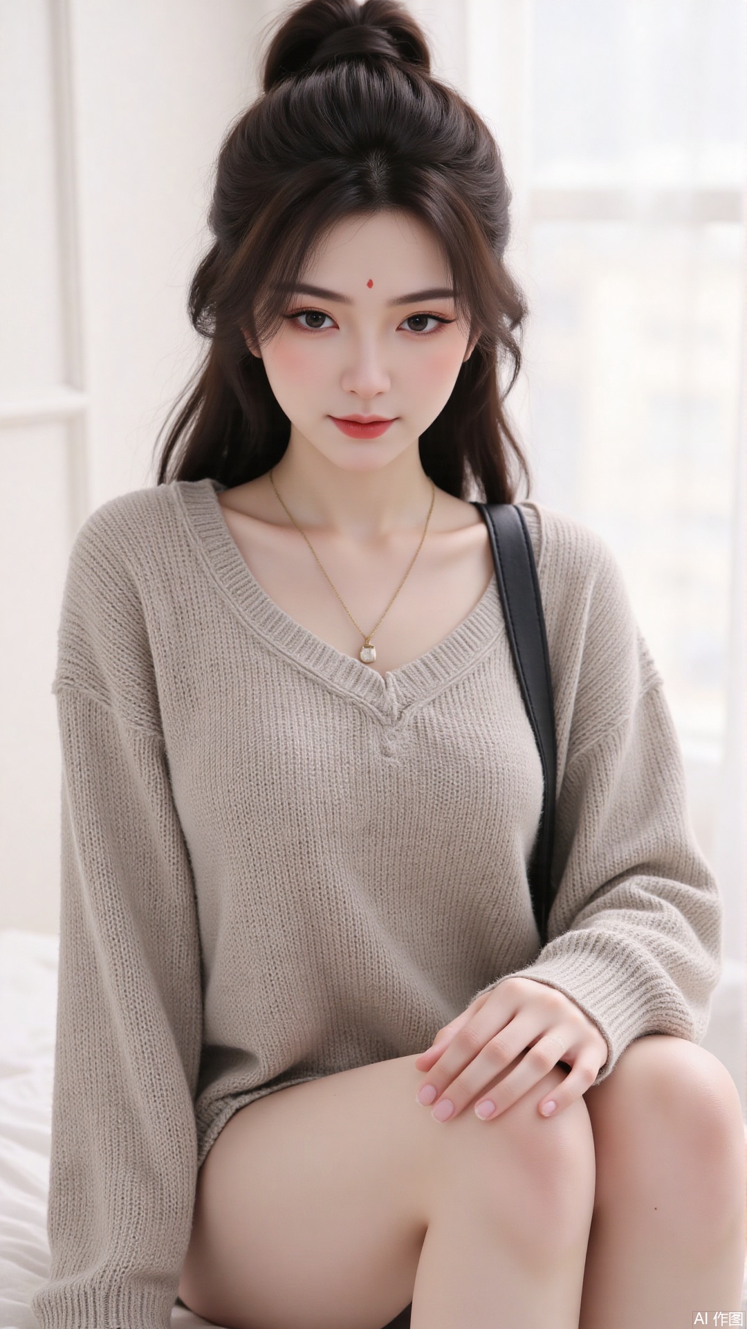 1girl, solo, long hair, looking at viewer, smile, sitting, collarbone, off shoulder, sweater, messy hair, realistic