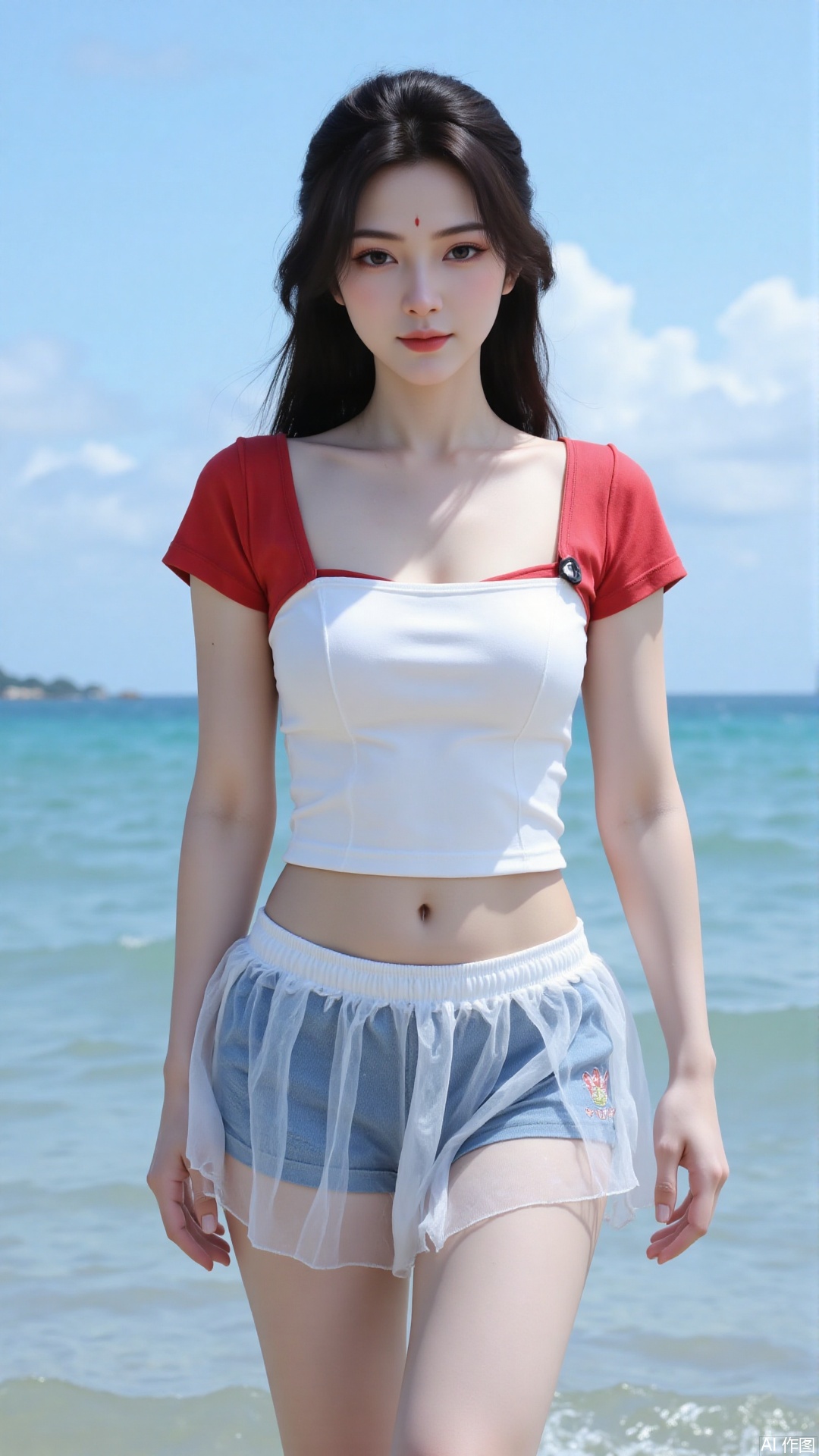 Korean girl, single, showing navel, long hair, thighs, wearing shirt, outdoors, looking at viewer, realistic style, with water and sky, daytime, fair thighs, white tube top, short top, sea, lips, blue sky, short sleeves, smile, clouds, dark eyes, big eyes Eyes, plump breasts, plump breasts, chest, looking at the audience, looking at the screen, bare shoulders, collarbone, standing in the sea, (((upper body red short-sleeved, short top)), (((wearing a translucent The white gauze skirt and blue swimming trunks with the school team logo)) were soaked in the water and were soaked.
