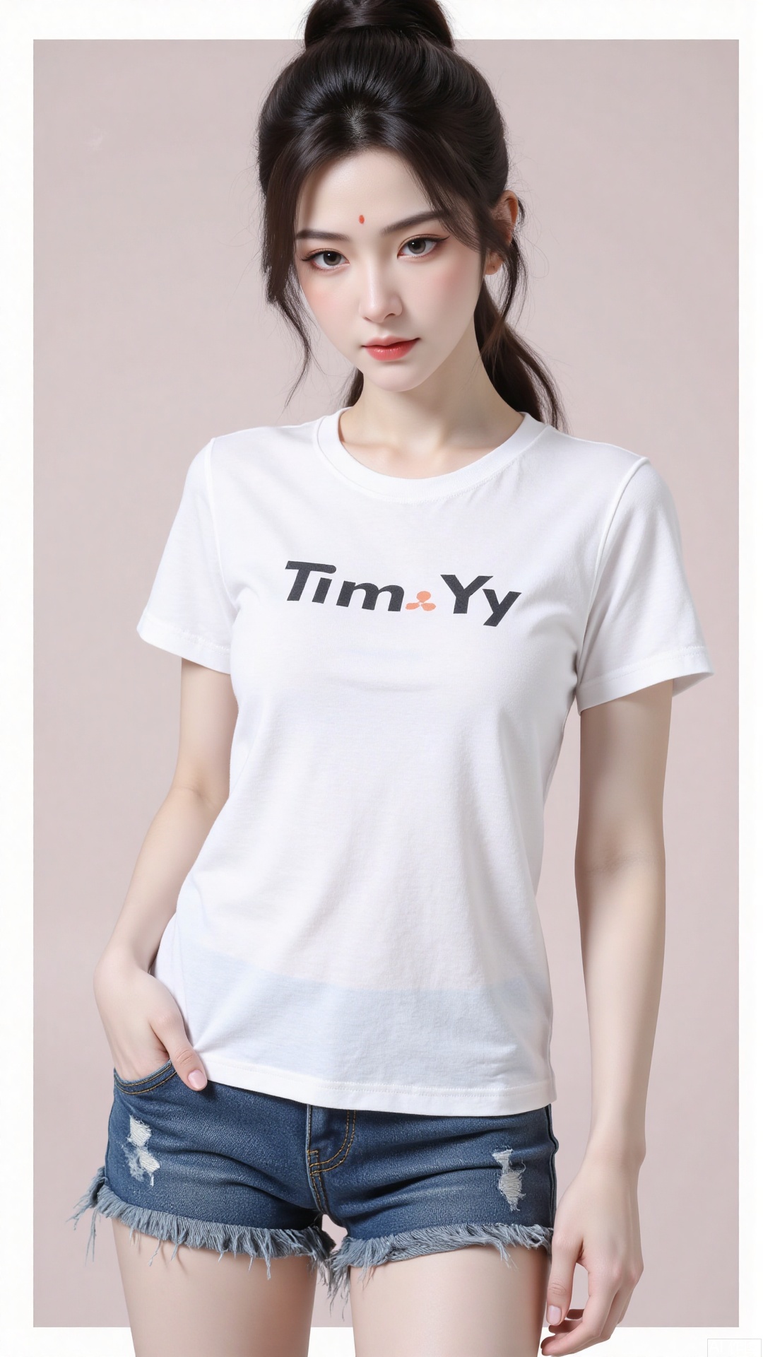 White t-shirt with ”Tim_Yi“ written on it, jeans shorts,1girl