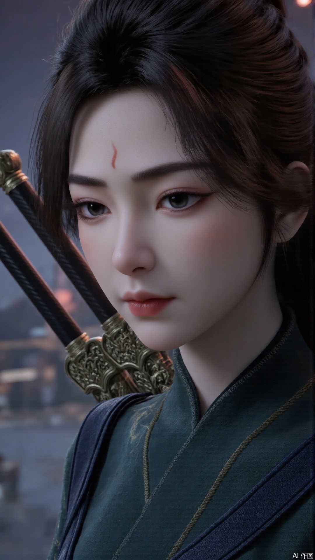 1girl, solo, realistic, looking at viewer, dark green clothes, facial mark, forehead mark, lips, heterochromia, mischevious smile, perfect body, scenery, sharp focus, best quality, masterpiece, detailed outfit, illustration, perfect eyes, finely detailed beautiful anime eyes, realistic skin, intricate details, best lighting, depth of field, ultra high resolution,cowboy_shot