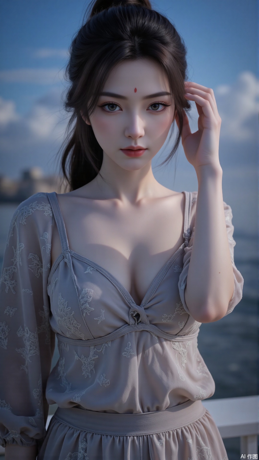 Very detailed face, extremely detailed eyes and face, blue eyes, (vacuum), 8K wallpaper, light leak, beautiful and detailed girl, extremely detailed CGUnity8K wallpaper, an extremely detailed and beautiful, beautiful and detailed eyes, masterpiece, best quality, Real photo level, (frontal shooting panoramic perspective), ( (Full body photo)), dynamic angle, dynamic pose, solo, ancient style silver hairpin with petals, blue sky and white clouds, (C cup), (huge round breasts), slender legs, super good figure, stunning beauty, (whole body in the mirror) , (wearing Lolita nightgown), (light reflects the shadow of the body through the clothes),vacuum,bare and smooth