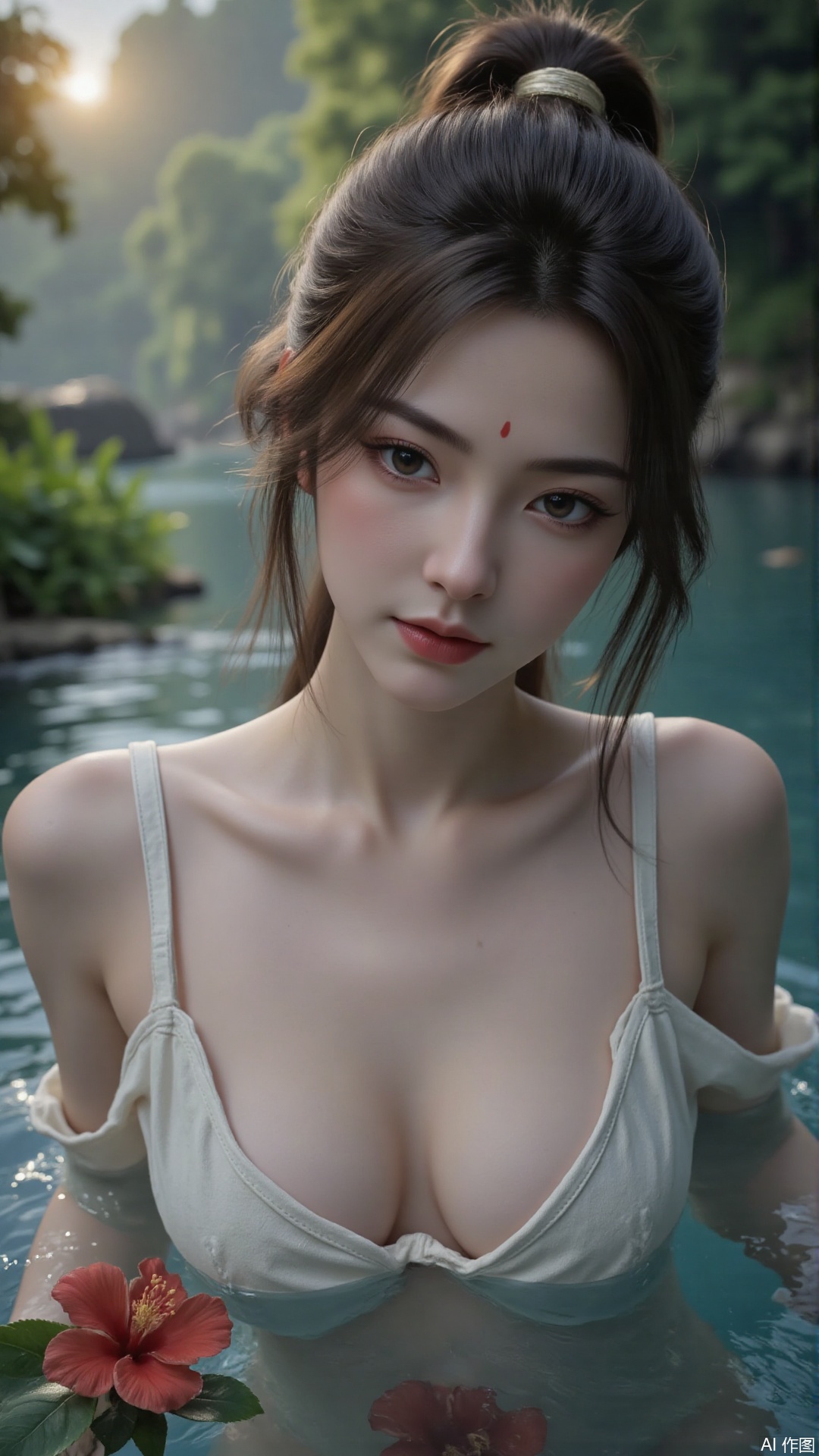 1girl, solo, long hair, breasts, looking at viewer, blush, open mouth, bangs, brown hair, hair ornament, dress, bare shoulders, brown eyes, medium breasts, collarbone, flower, parted lips, hair flower, water, white dress, sleeveless dress, leaf, plant, red flower, partially submerged, hibiscus
,backlighting,depth of field,cinematic lighting,light particles,lens flare, (artist:quasarcake:0.8),extreme aesthetic,(wlop:0.6),masterpiece,best quality,good quality,newest,very aesthetic,absurdres,Visual impact,A shot with tension, ultra-high resolution,32K UHD,sharp focus,best-quality,masterpiece,Emotionalization,unconventional supreme masterpiece,masterful details,temperate atmosphere,with a high-end texture,in the style of fashion photography, (alzi xiaomI:1.2),(mogumo:1.1),(good hands, nice hands:0.5),giving the poster a dynamic and visually striking appearance,impactful picture,offcial art,colorful,movie perspective, masterpiece,best quality,amazing quality,very aesthetic,absurdres,best quality,newest