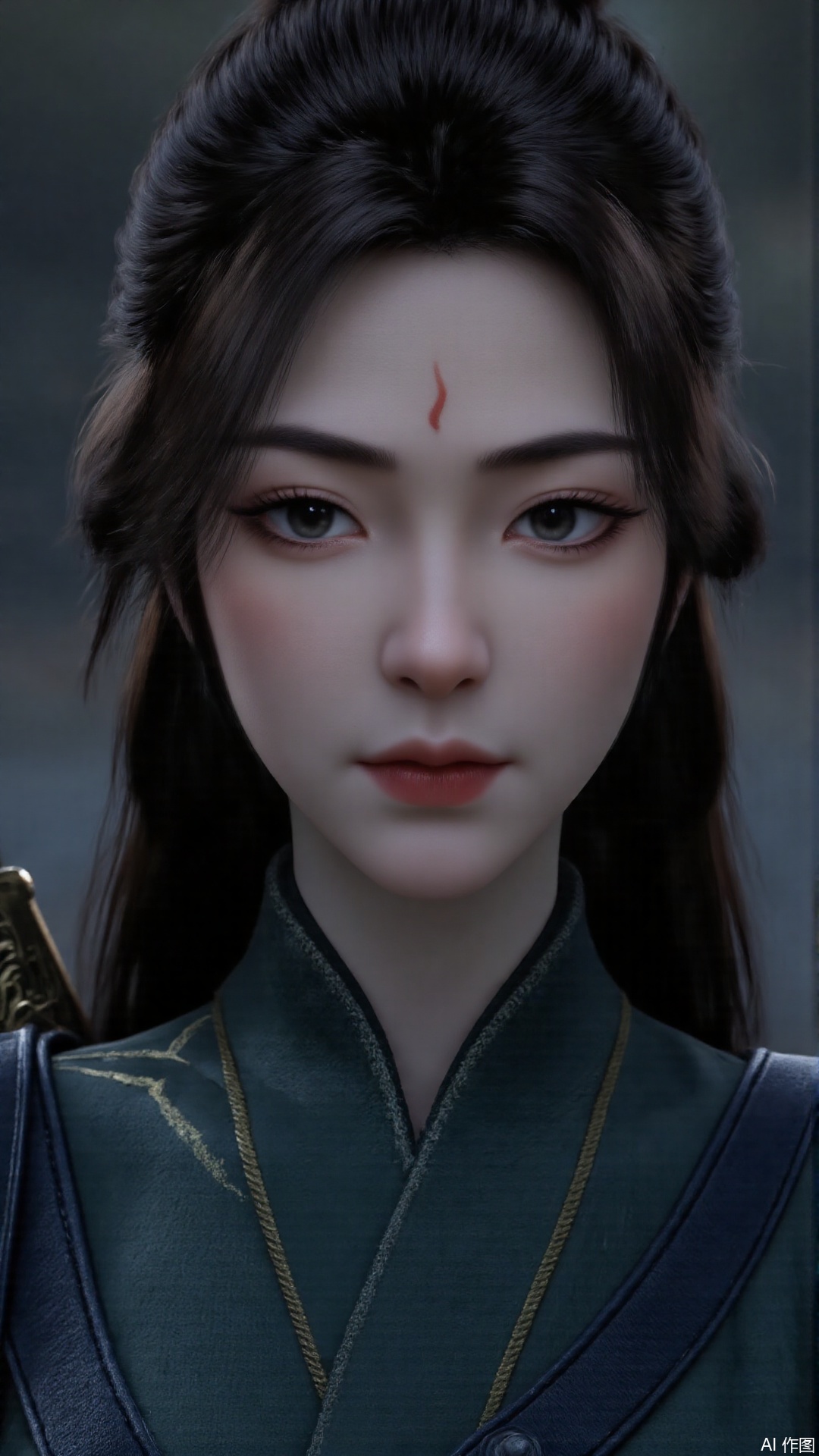1girl, solo, realistic, looking at viewer, dark green clothes, facial mark, forehead mark, lips, heterochromia, mischevious smile, perfect body, scenery, sharp focus, best quality, masterpiece, detailed outfit, illustration, perfect eyes, finely detailed beautiful anime eyes, realistic skin, intricate details, best lighting, depth of field, ultra high resolution, sitting