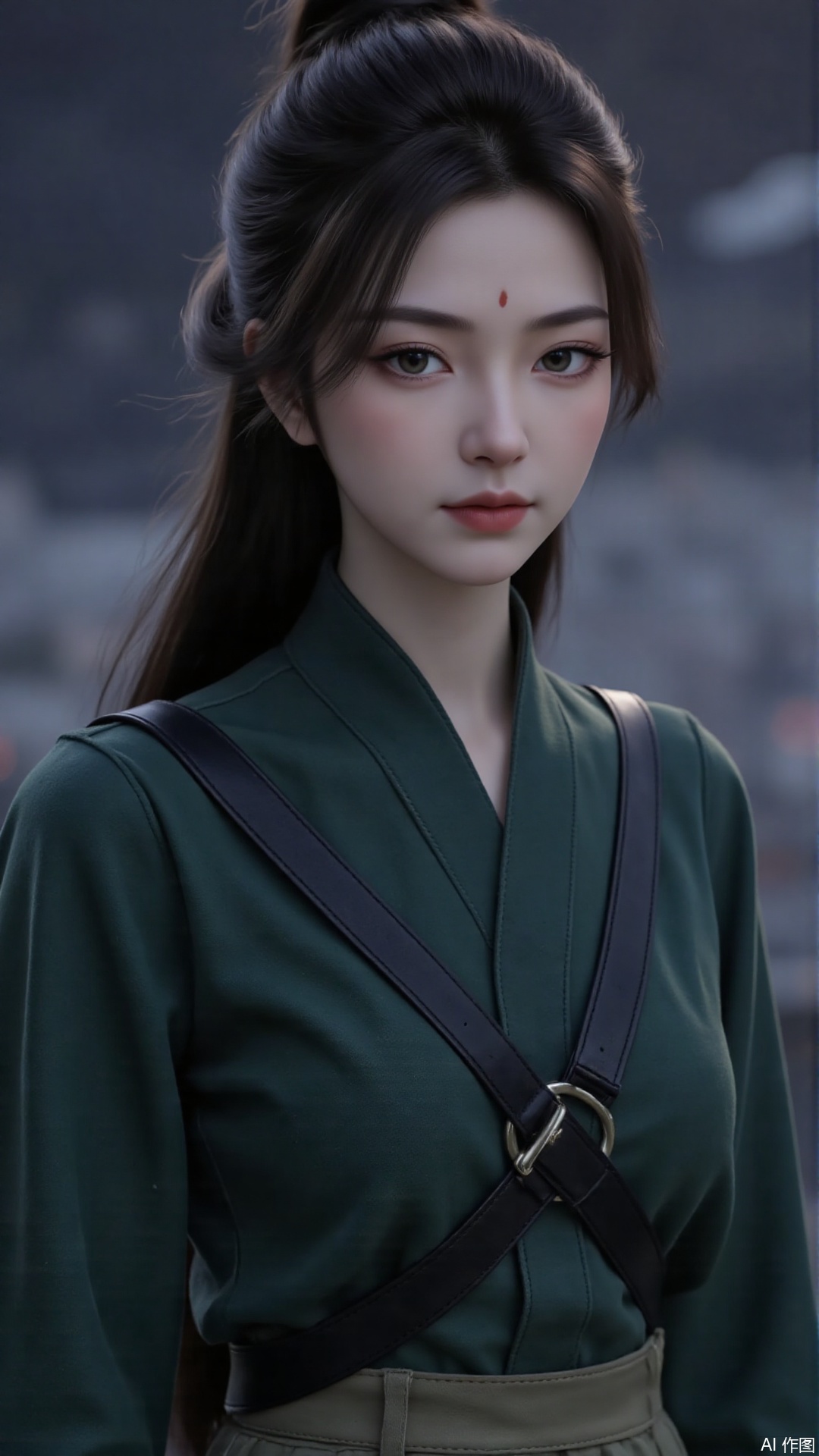 1girl, solo, realistic, looking at viewer, dark green clothes, facial mark, forehead mark, lips, heterochromia, mischevious smile, perfect body, scenery, sharp focus, best quality, masterpiece, detailed outfit, illustration, perfect eyes, finely detailed beautiful anime eyes, realistic skin, intricate details, best lighting, depth of field, ultra high resolution, sitting