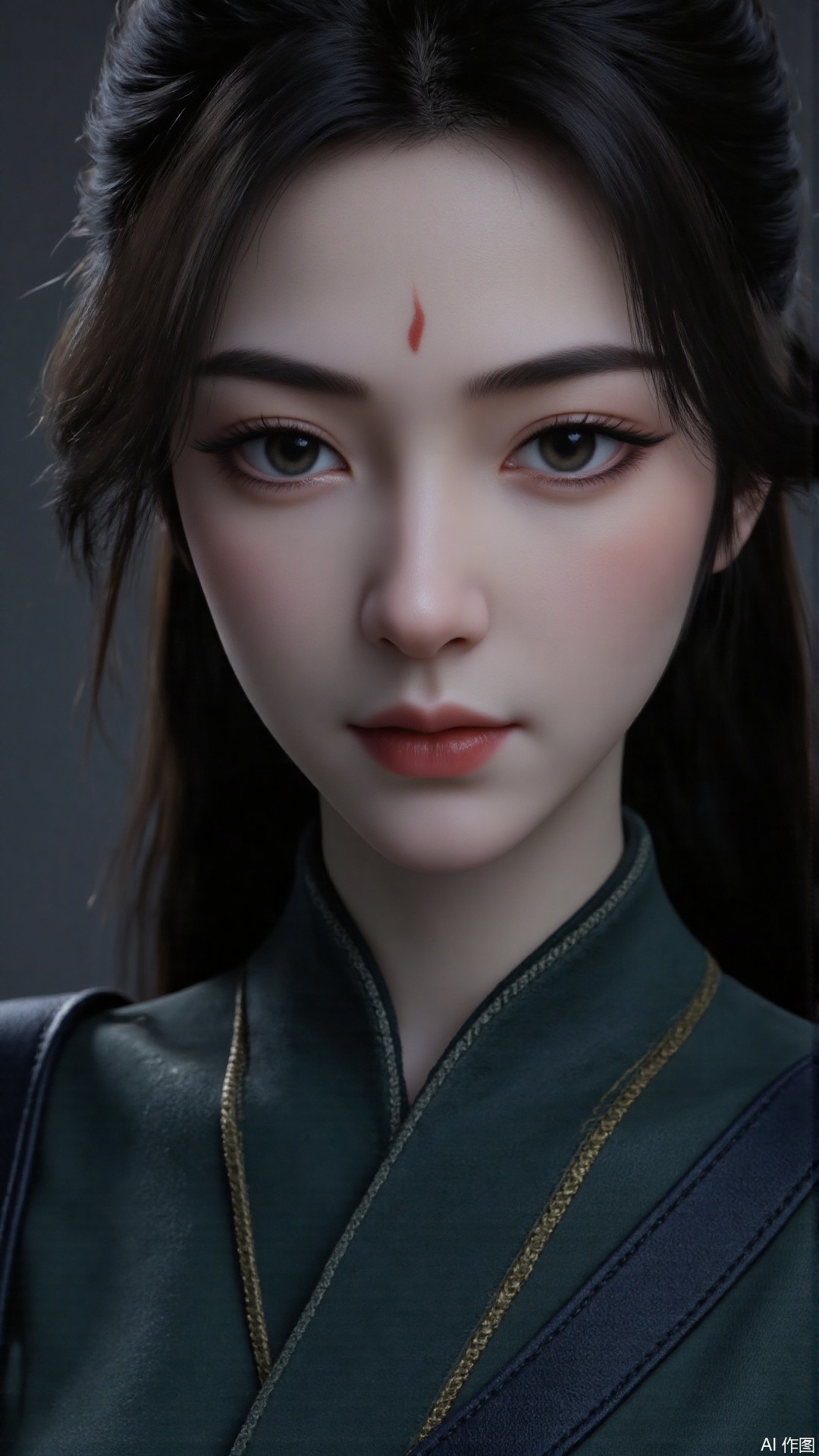 1girl, solo, realistic, looking at viewer, dark green clothes, facial mark, forehead mark, lips, heterochromia, mischevious smile, perfect body, scenery, sharp focus, best quality, masterpiece, detailed outfit, illustration, perfect eyes, finely detailed beautiful anime eyes, realistic skin, intricate details, best lighting, depth of field, ultra high resolution, sitting