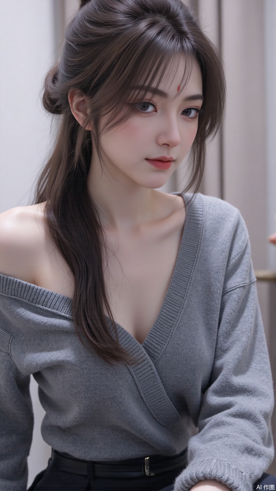 1girl, solo, long hair, looking at viewer, smile, sitting, collarbone, off shoulder, sweater, messy hair, realistic