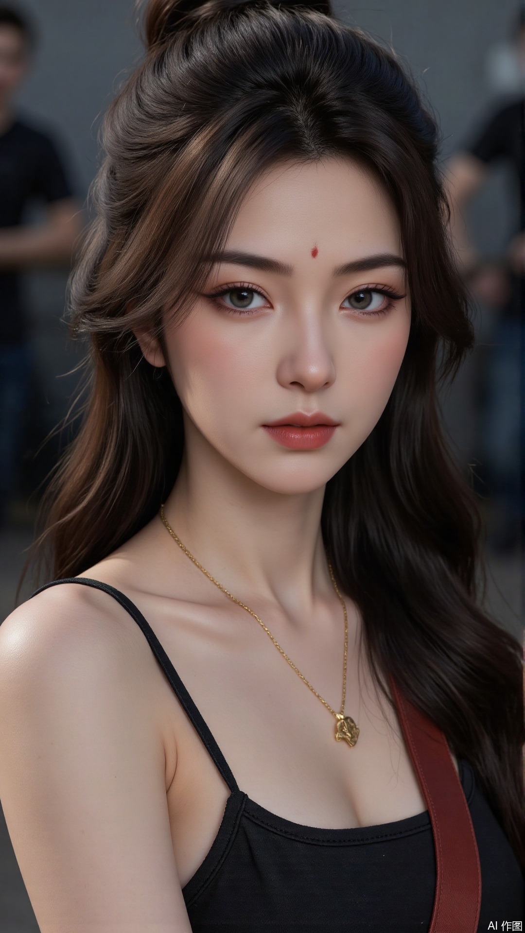  a asian woman, sexy long hair, blue eyes, charming and seductive temperament, distant close-up, golden ratio, movie texture, minimalism, high-end feeling, strong contrast between cold and warm, outdoor scenes, 