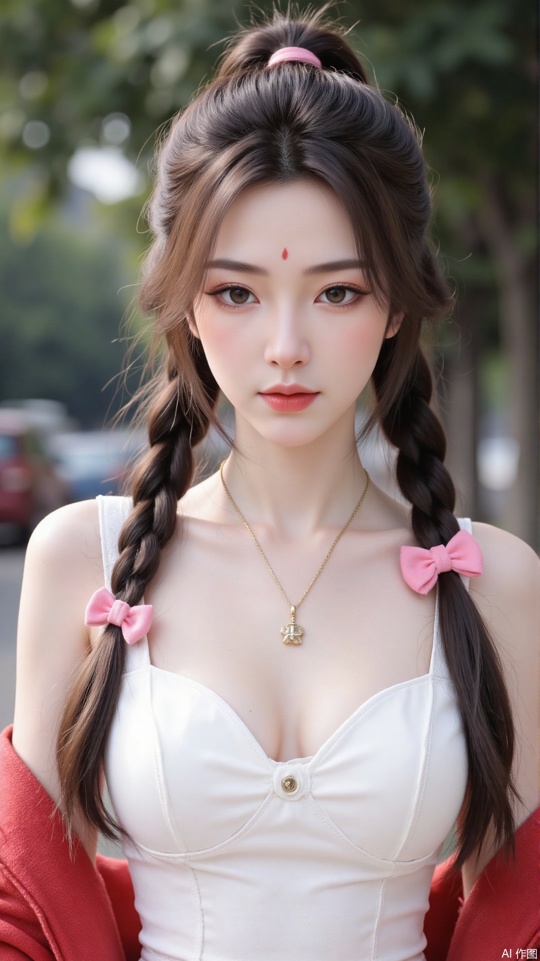 1girl,solo,jewelry,flower,hair flower,hair ornament,necklace,realistic,brown eyes,looking at viewer,dress,blurry background,twin braids,blurry,white dress,long hair,upper body,breasts,pink bow,red jacket,bare shoulders,lips,collarbone,outdoors,cleavage,large natural breast,soft breasts,huge Breasts