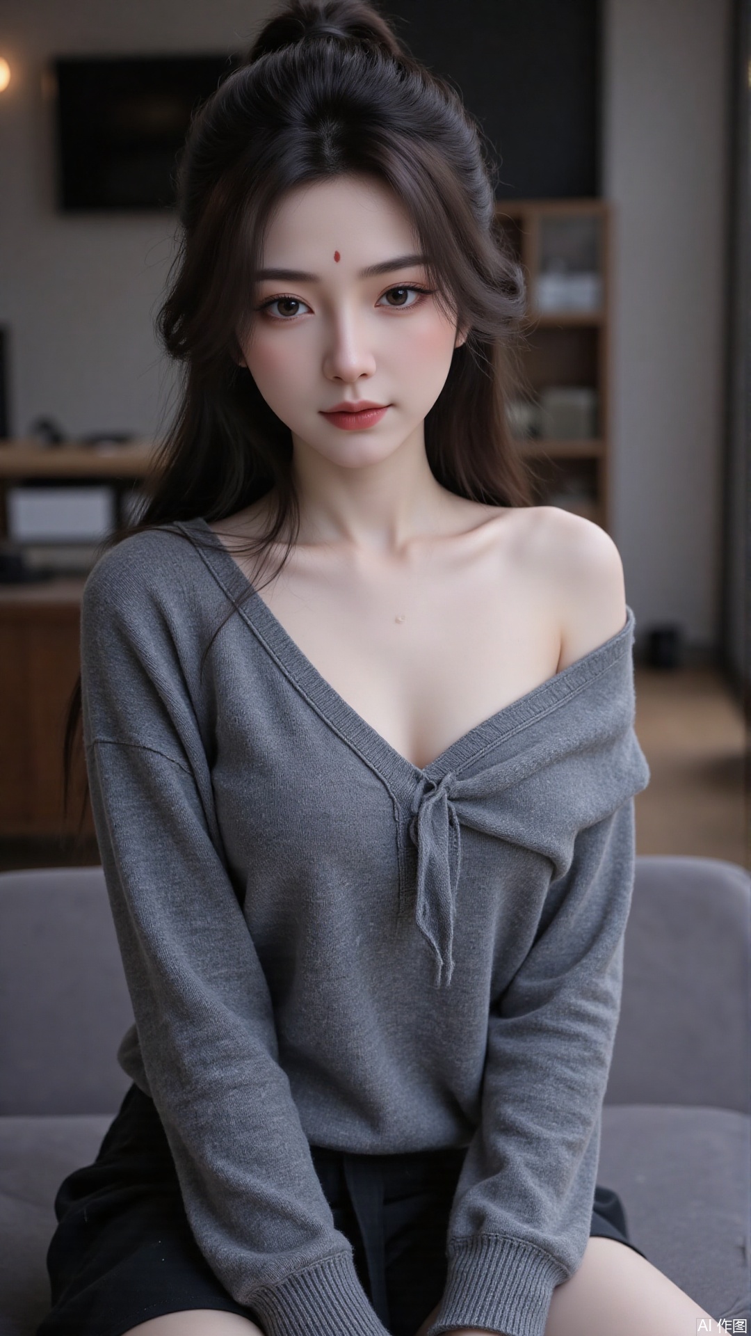 1girl, solo, long hair, looking at viewer, smile, sitting, collarbone, off shoulder, sweater, messy hair, realistic